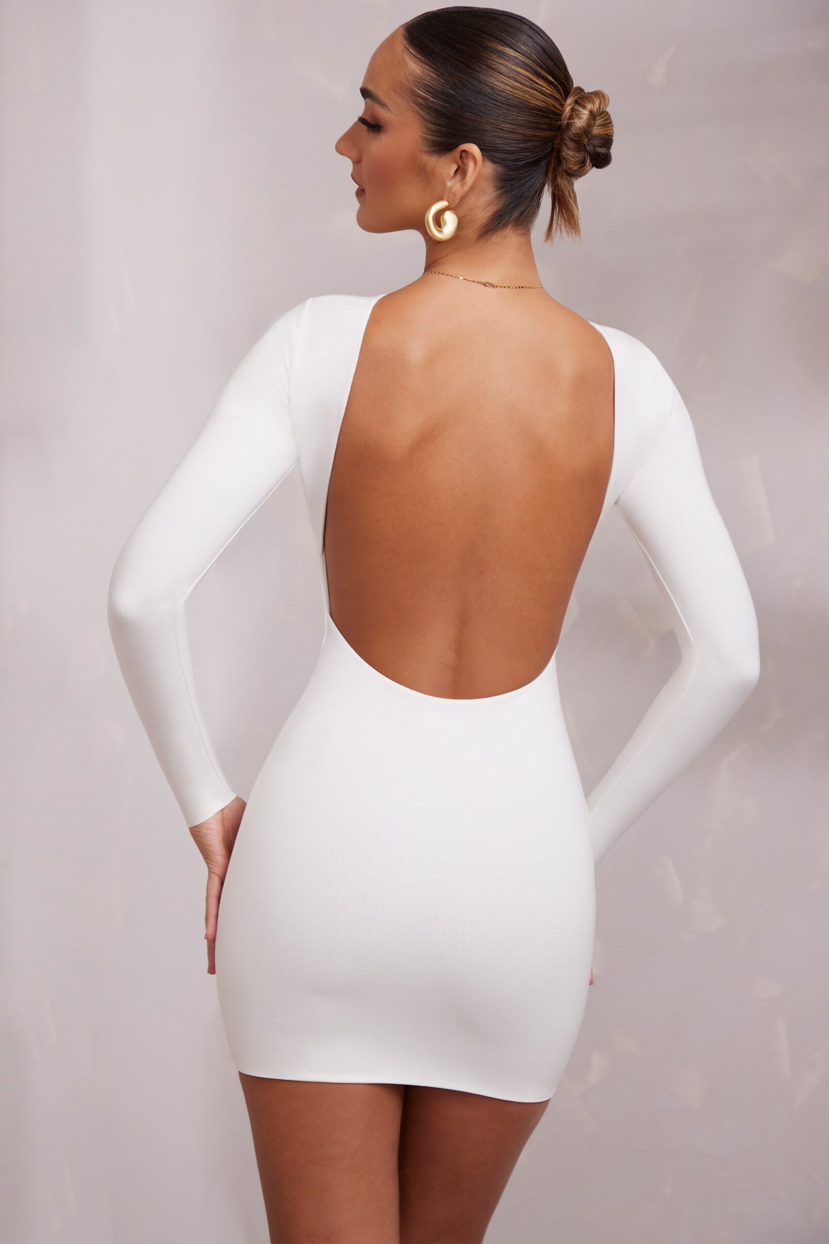 Long Sleeve Backless Mini Dress in White - Image 7