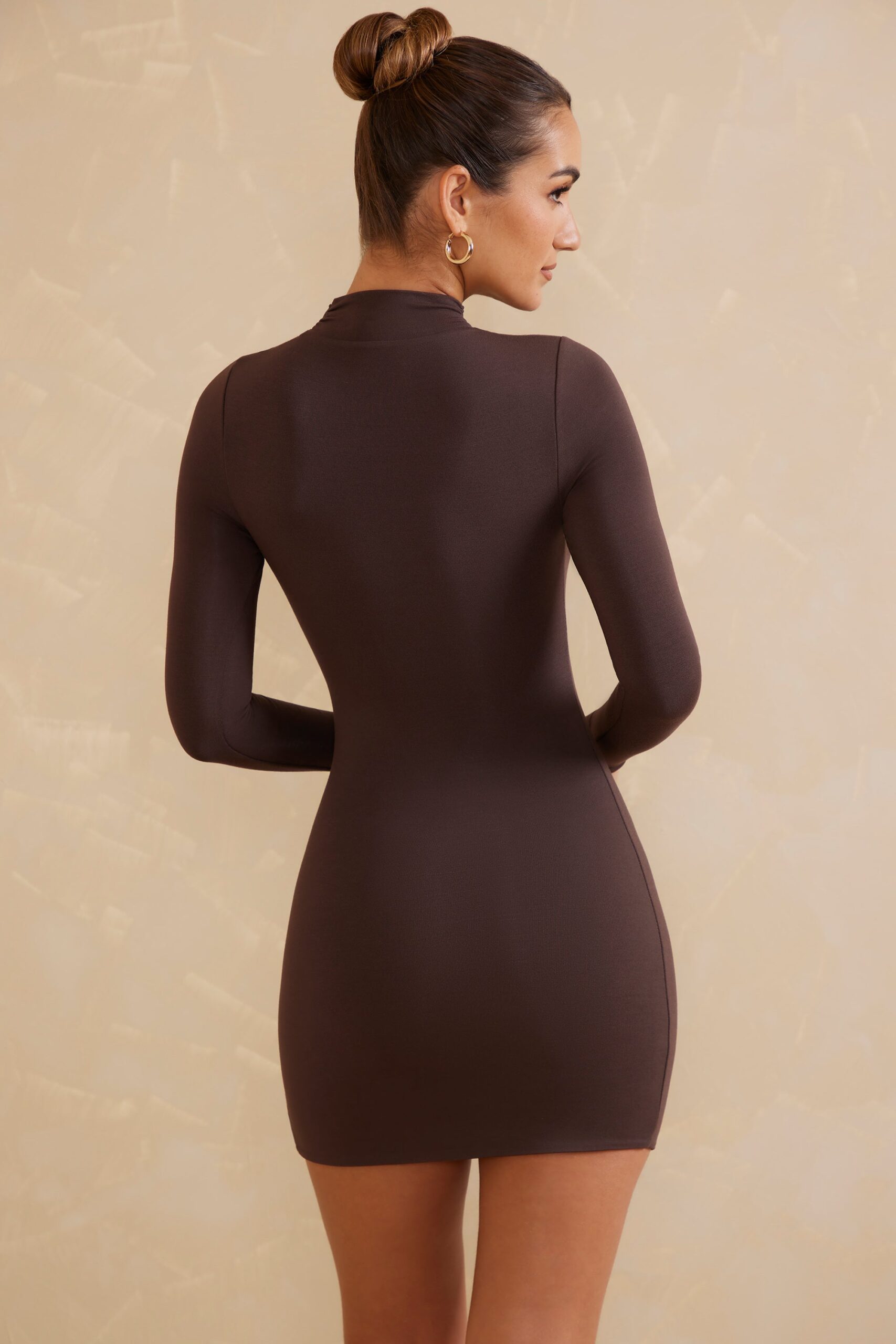 High Neck Long Sleeve Mini Dress in Chocolate - Image 2
