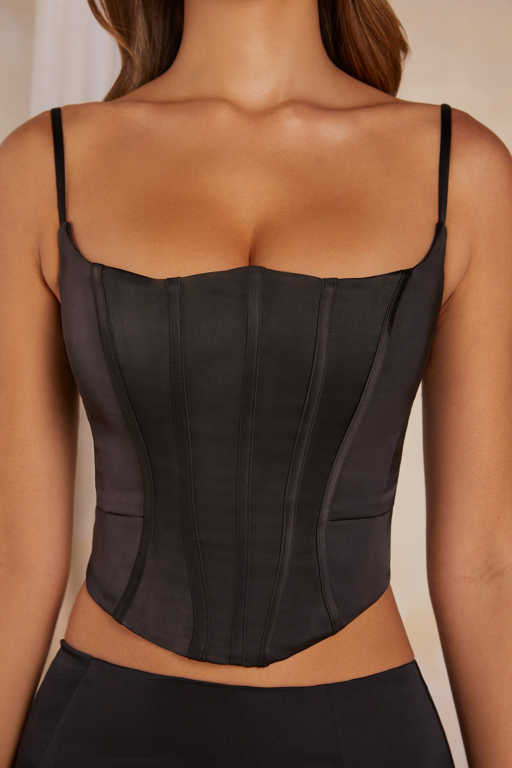 Lace Up Back Satin Corset Top in Black - Image 4