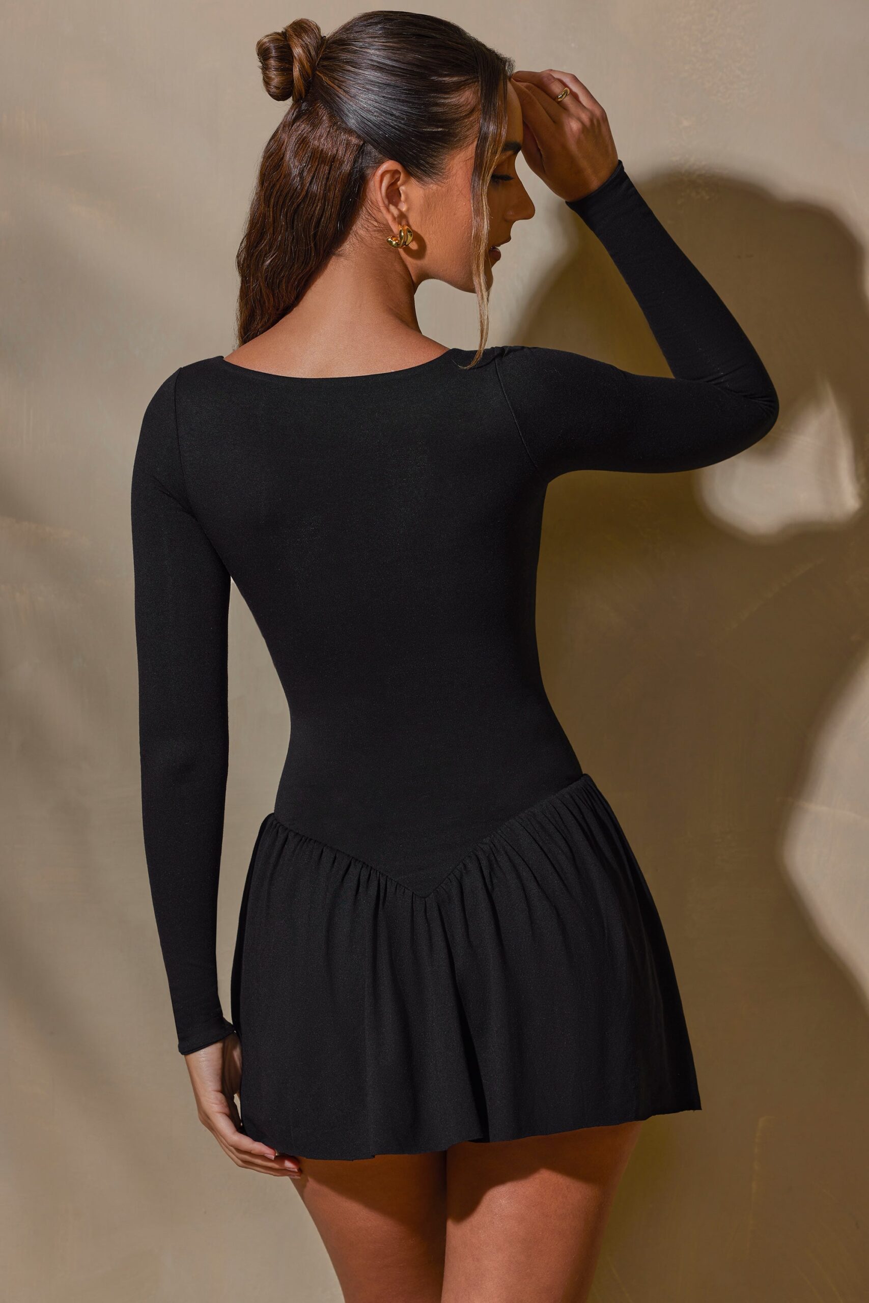 Long Sleeve Layered A-Line Mini Dress in Black - Image 2