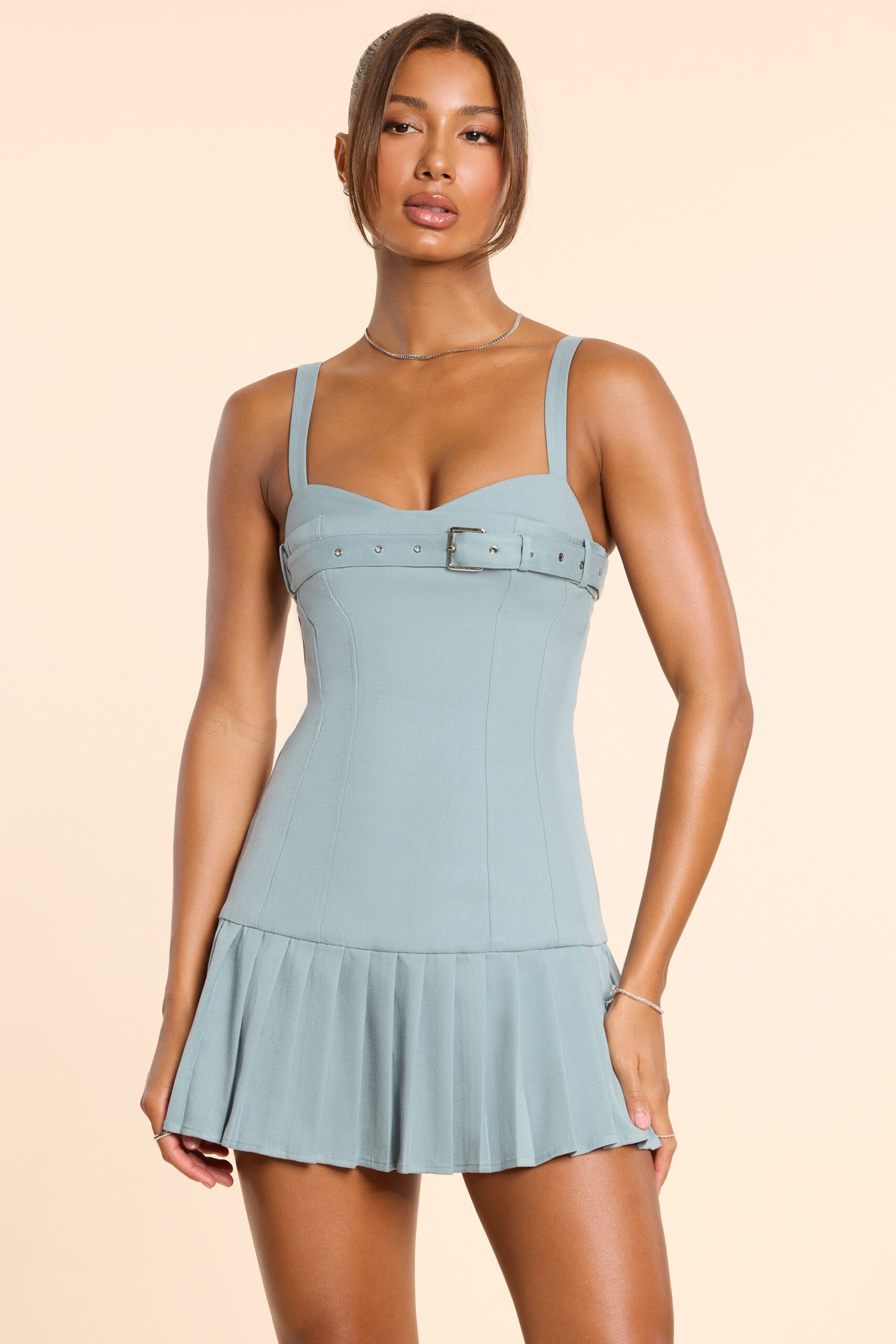Brushed Twill Drop Waist Kilt Mini Dress in Stone Blue - Image 8