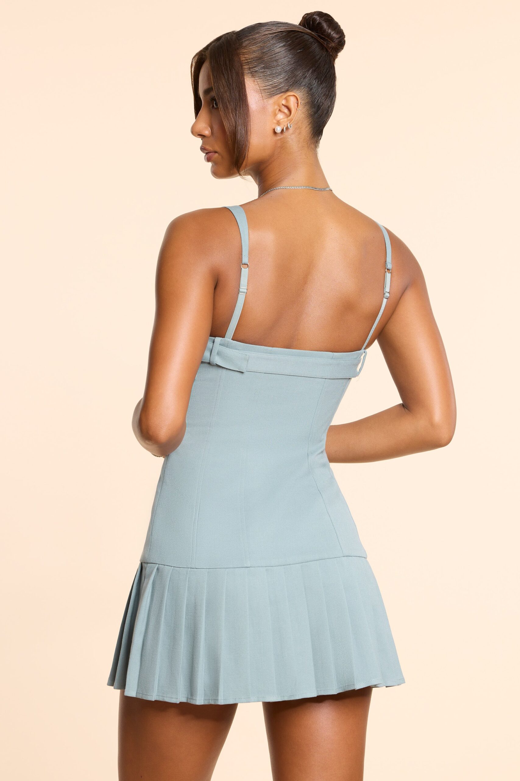 Brushed Twill Drop Waist Kilt Mini Dress in Stone Blue - Image 2