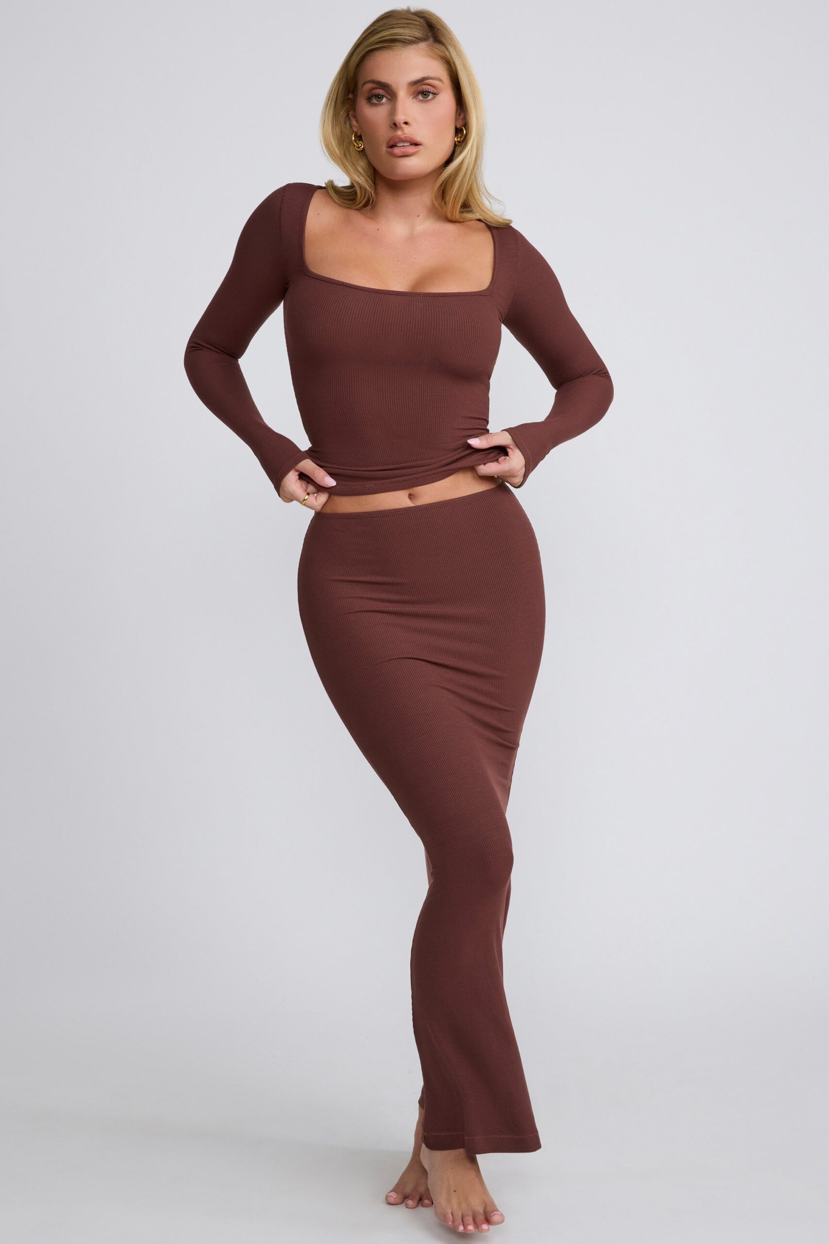 Ribbed Modal Square Neck Long Sleeve Top in Chocolate - Image 6