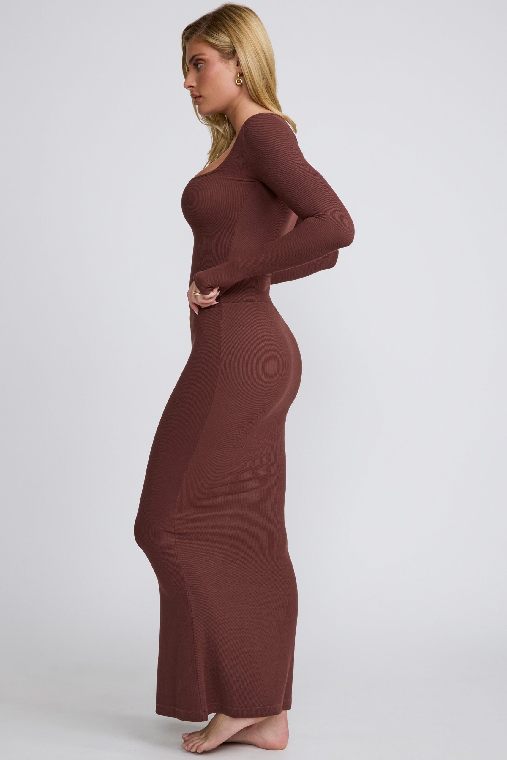Ribbed Modal Square Neck Long Sleeve Top in Chocolate - Image 10
