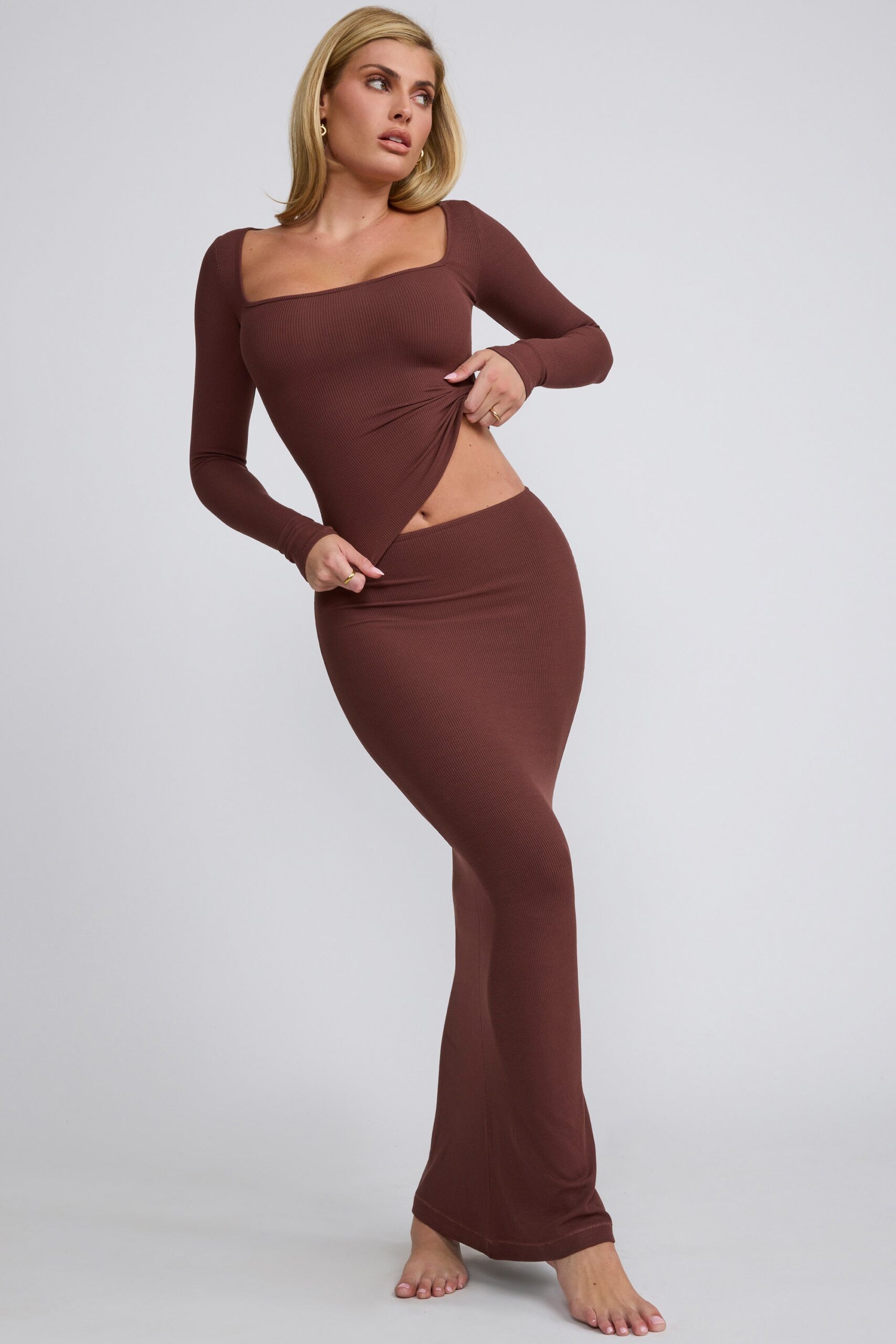 Ribbed Modal Square Neck Long Sleeve Top in Chocolate - Image 11