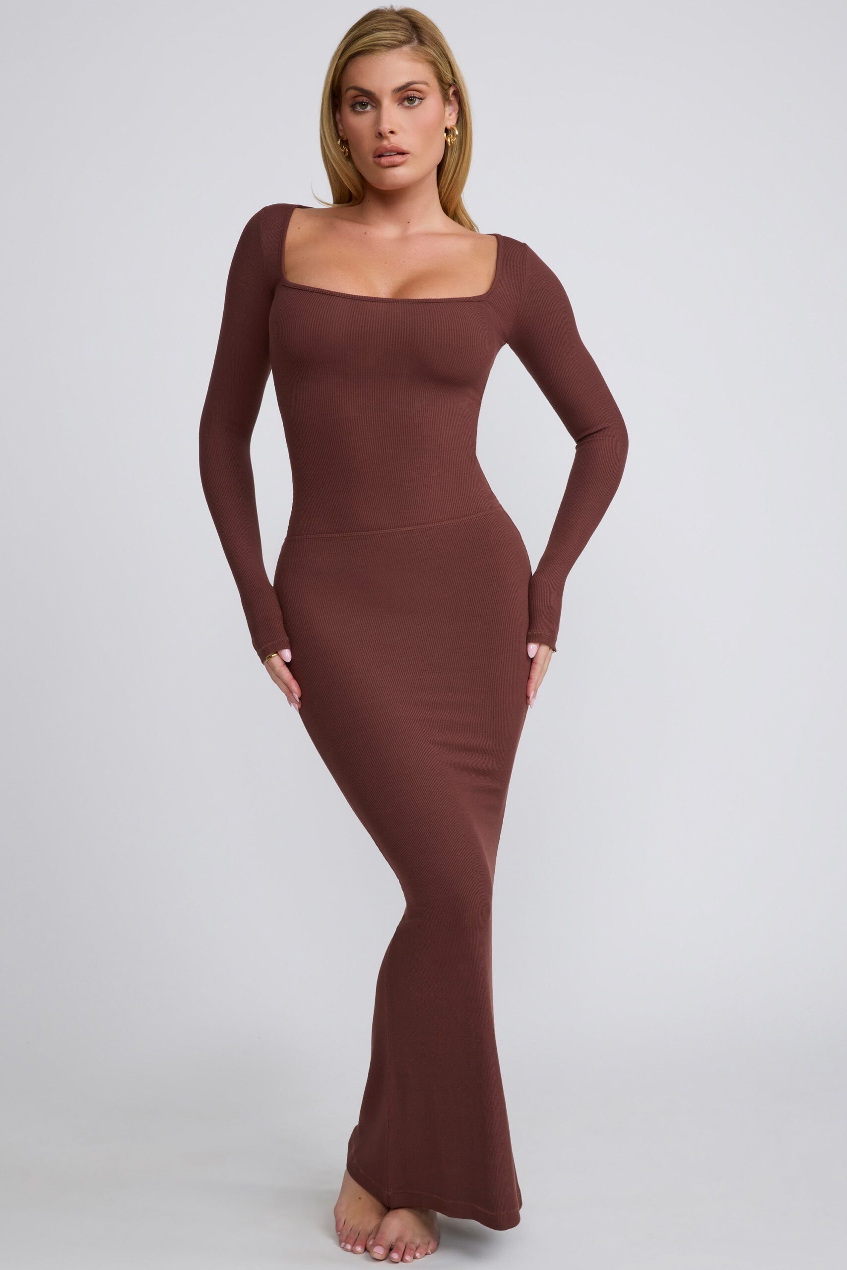 Ribbed Modal Square Neck Long Sleeve Top in Chocolate - Image 7