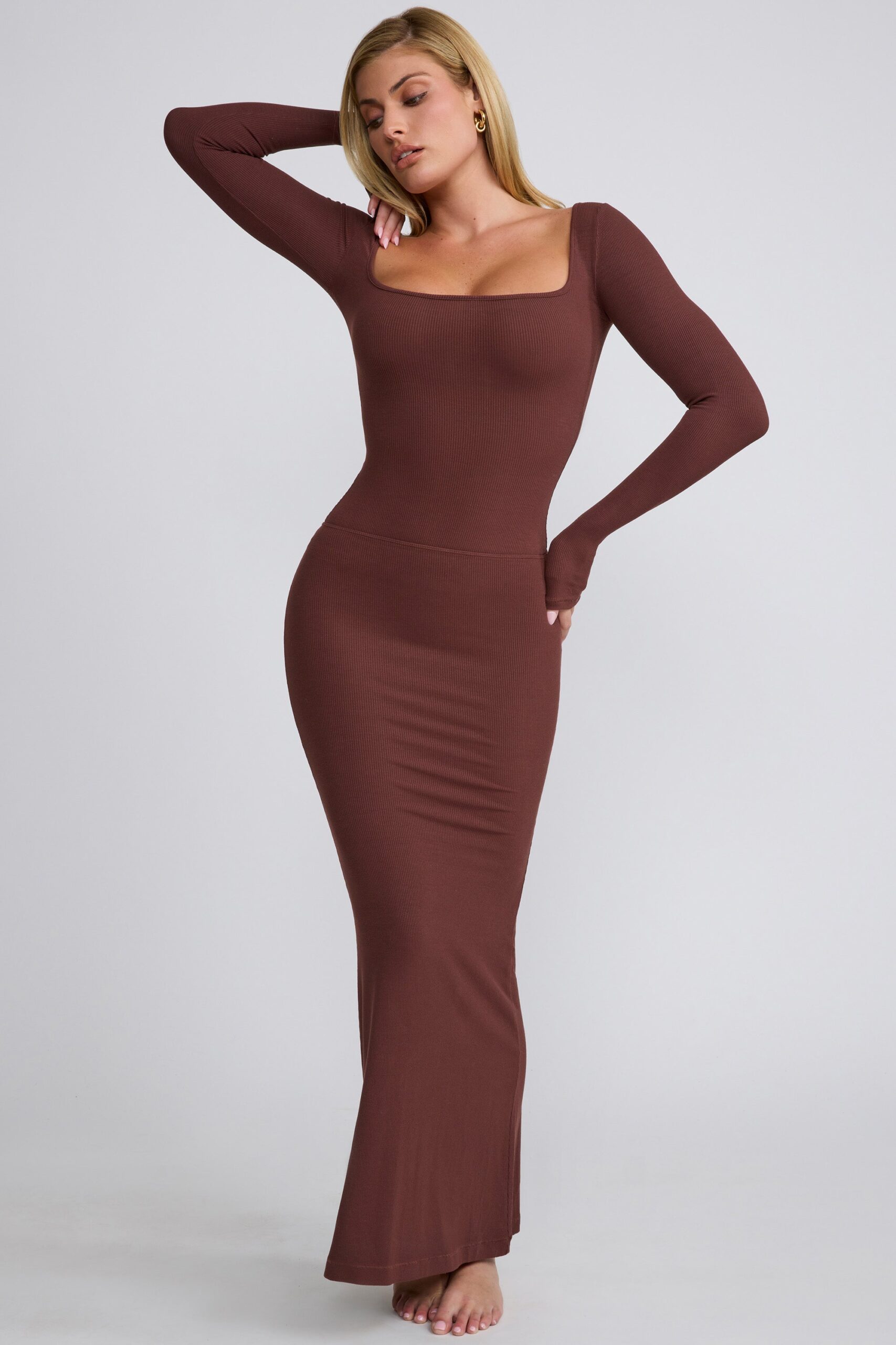 Ribbed Modal Square Neck Long Sleeve Top in Chocolate - Image 8