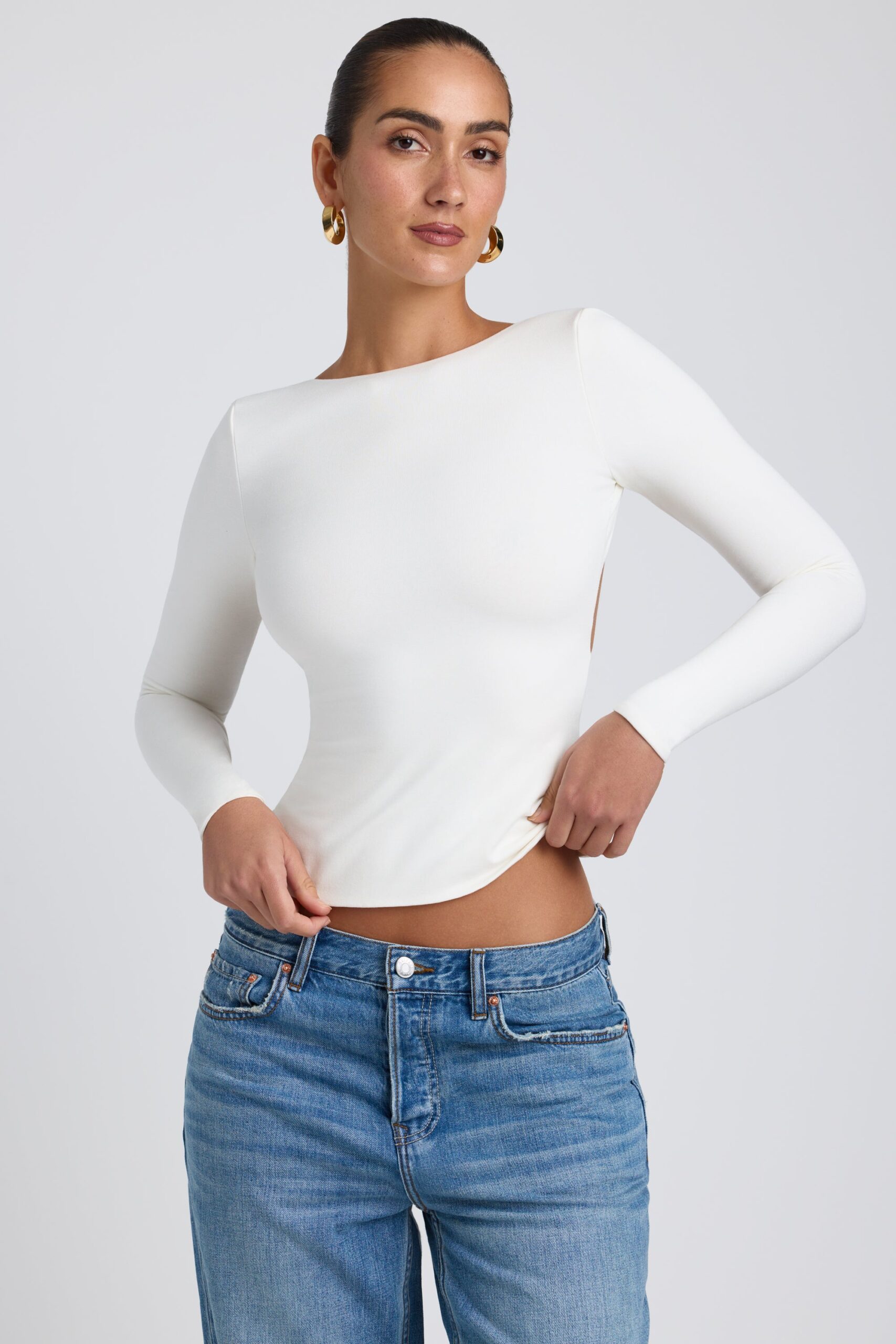Modal High Neck Long Sleeve Open Back Top in White - Image 3