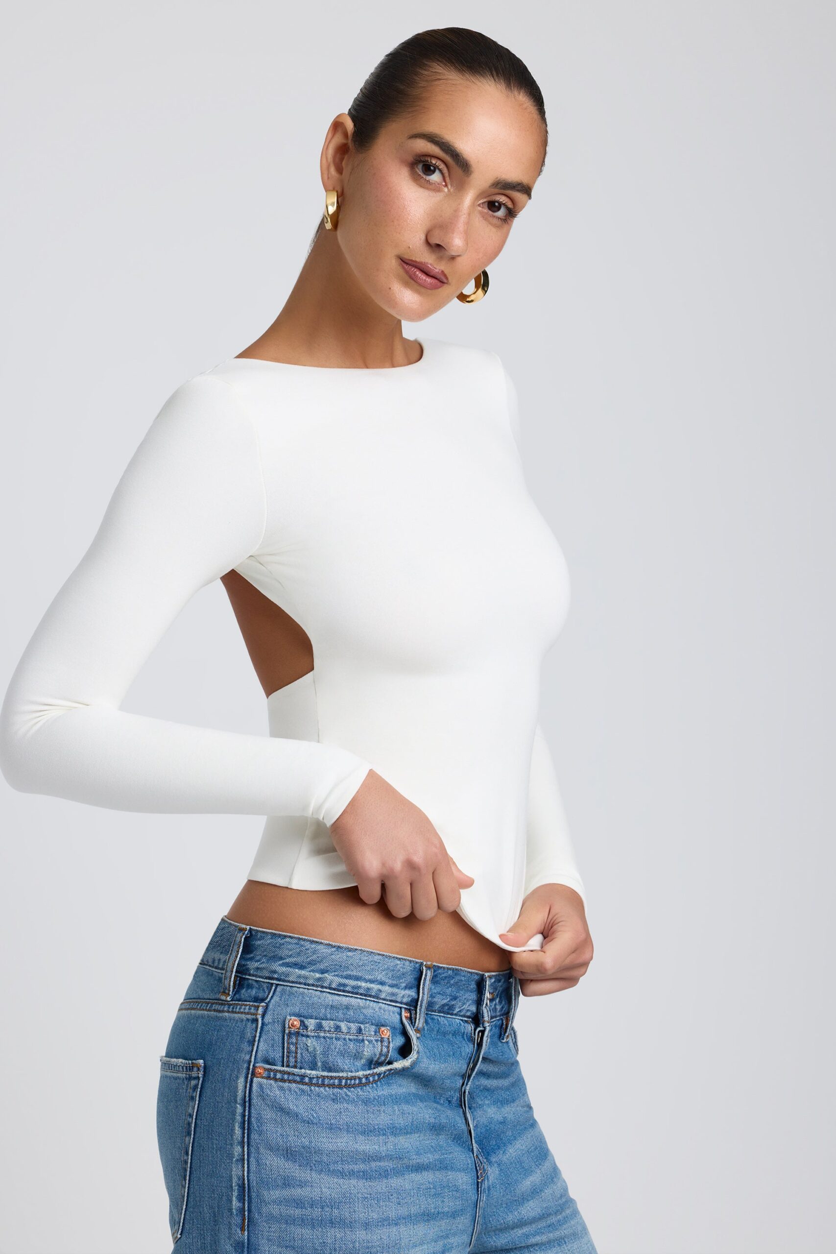 Modal High Neck Long Sleeve Open Back Top in White - Image 6