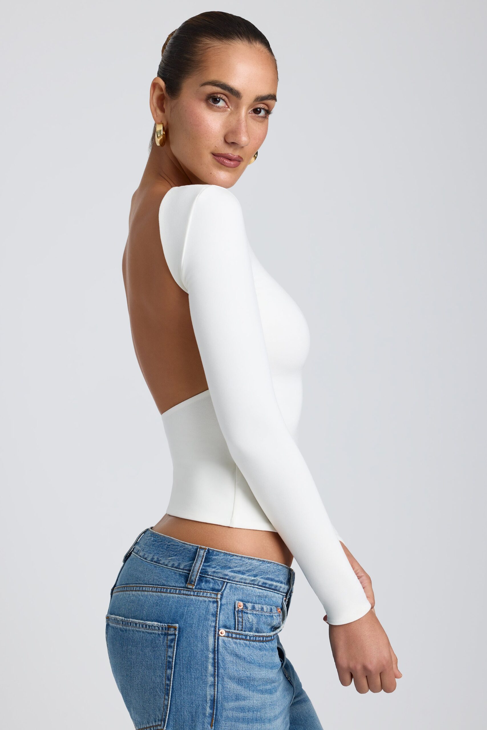 Modal High Neck Long Sleeve Open Back Top in White - Image 2