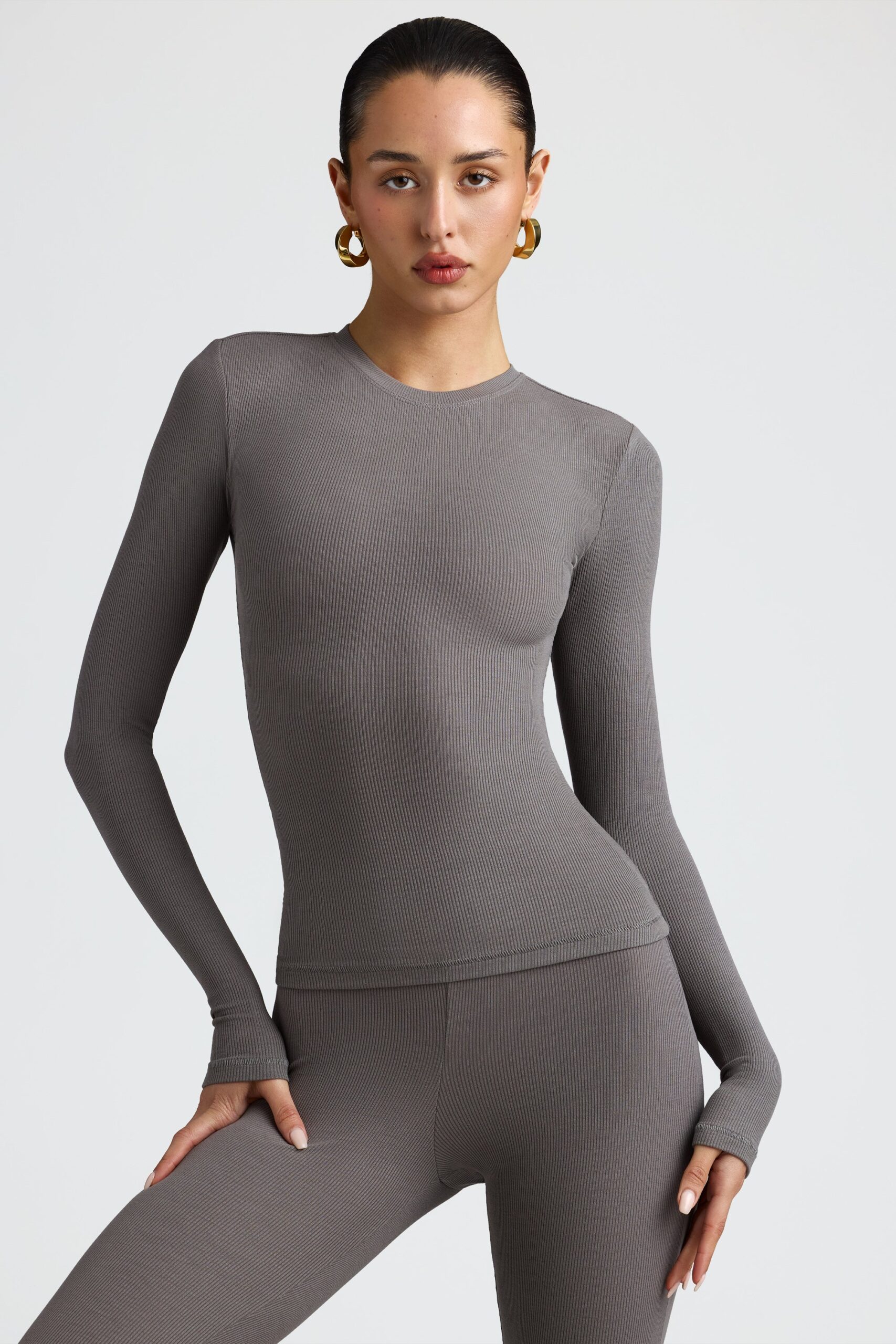 Ribbed Modal Crew Neck Top in Grey - Image 6