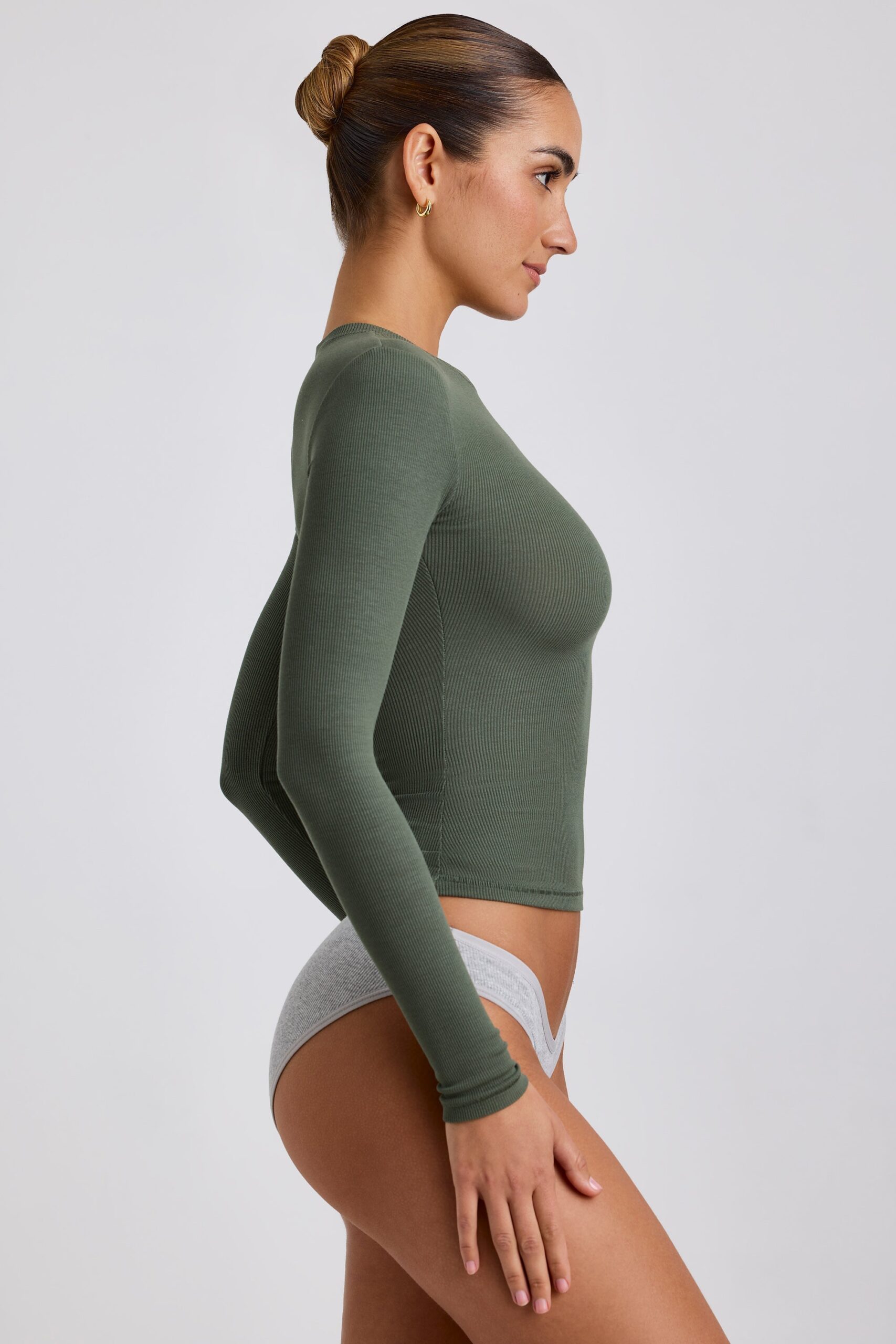 Ribbed Modal Crew Neck Top in Khaki Green - Image 3