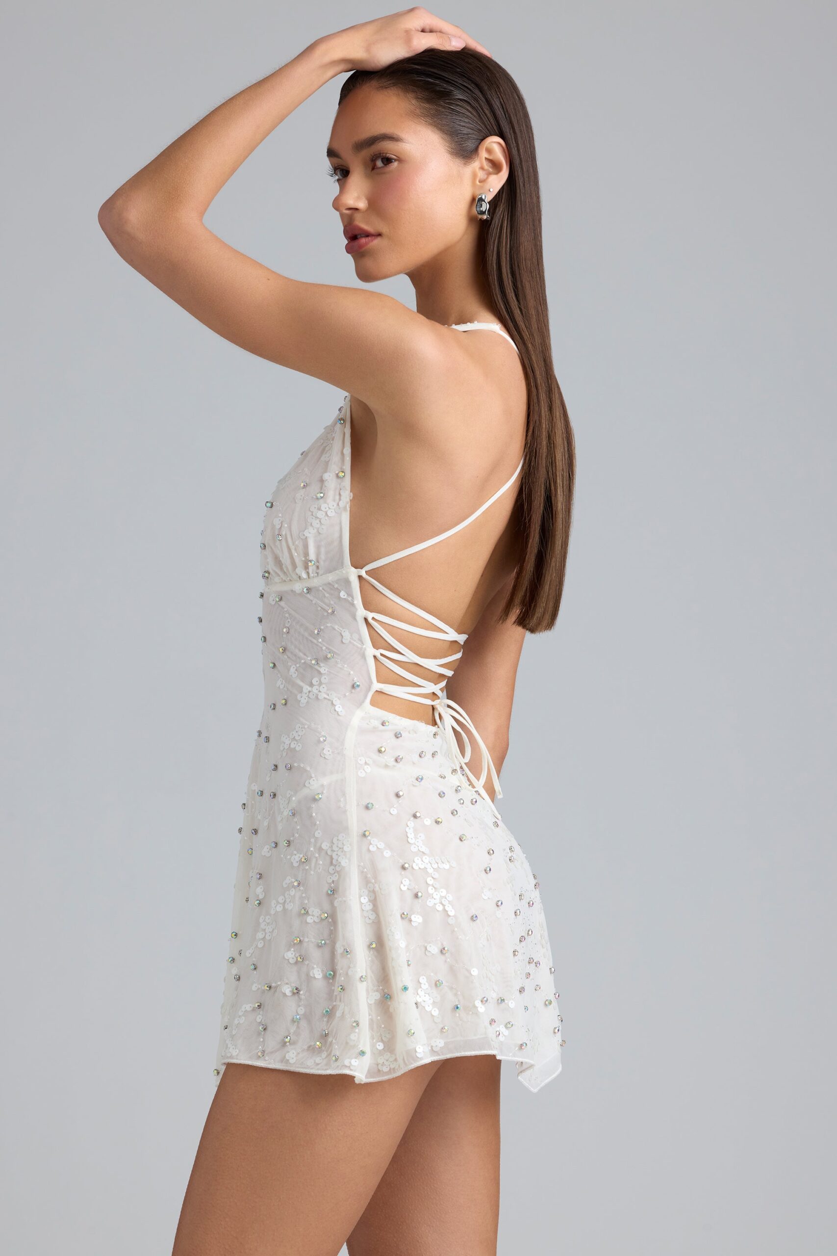 Embellished Multi-Strap Mini Dress in Ivory - Image 3