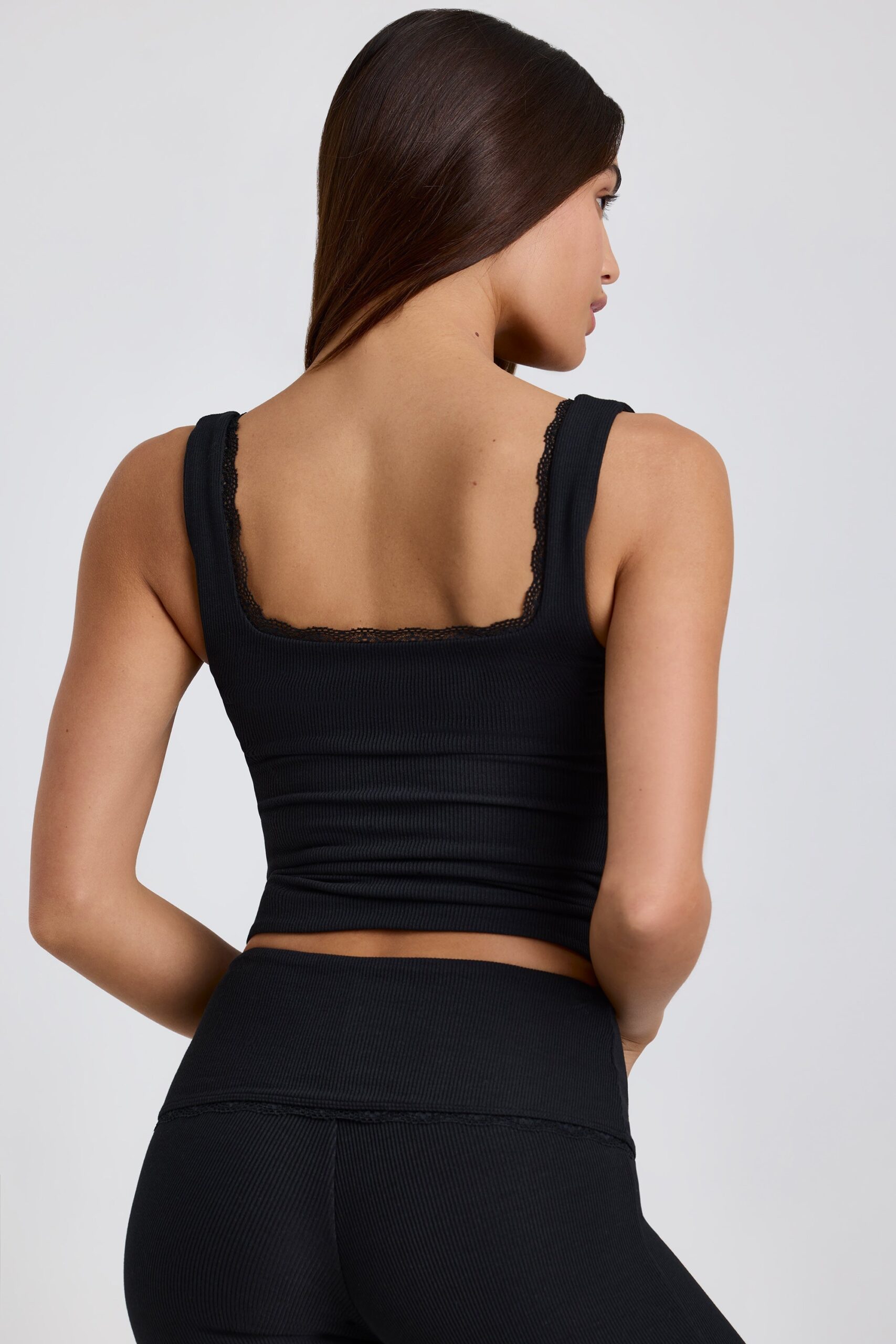 Ribbed Modal Lace-Trim Tank Top in Black - Image 2