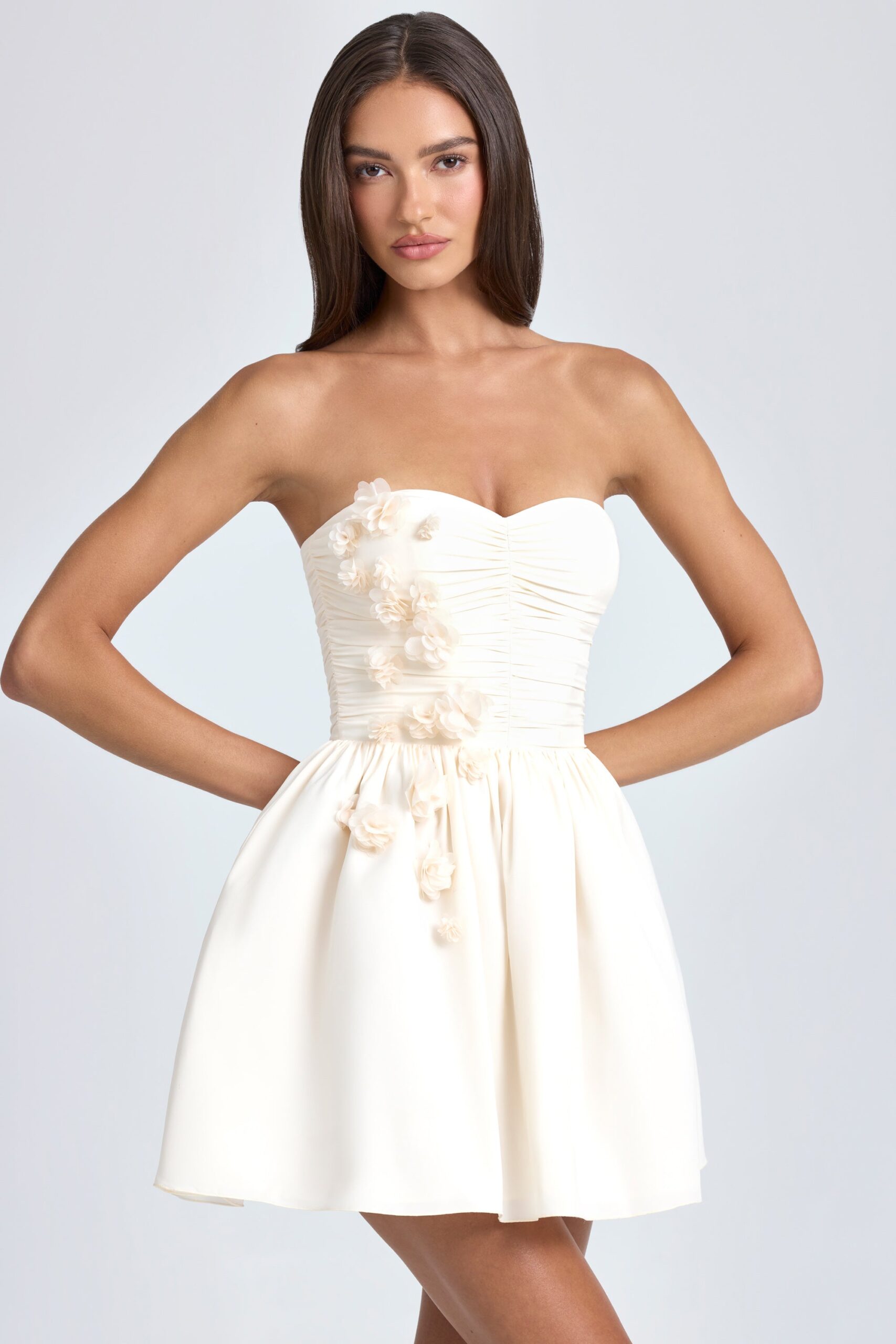 Bandeau Floral-Appliqué Corset Mini Dress in Ivory - Image 7