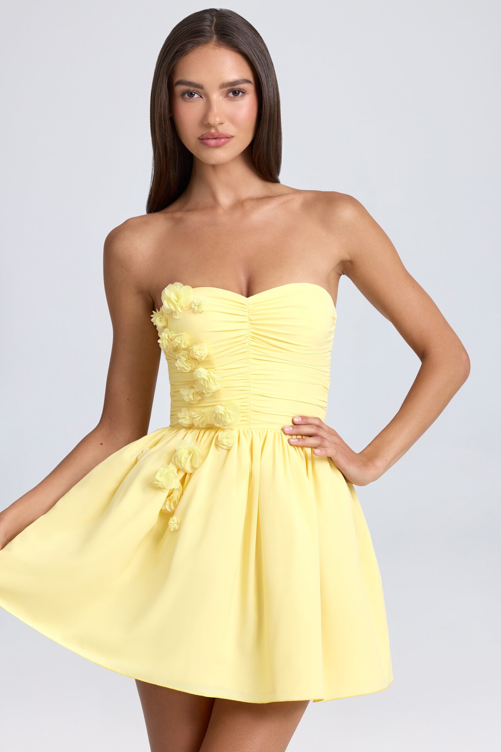 Bandeau Floral-Appliqué Corset Mini Dress in Lemon Sherbet - Image 6