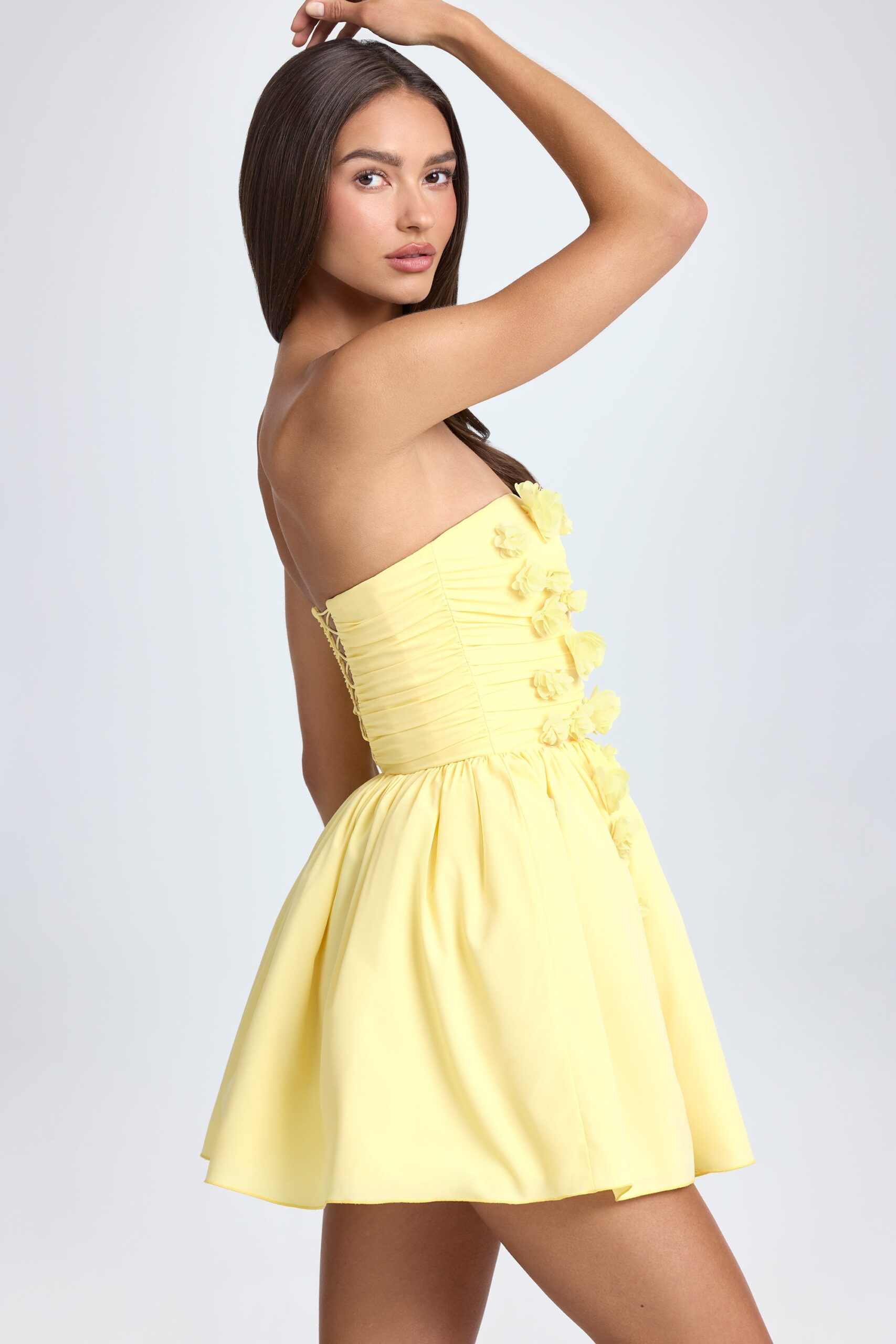 Bandeau Floral-Appliqué Corset Mini Dress in Lemon Sherbet - Image 3
