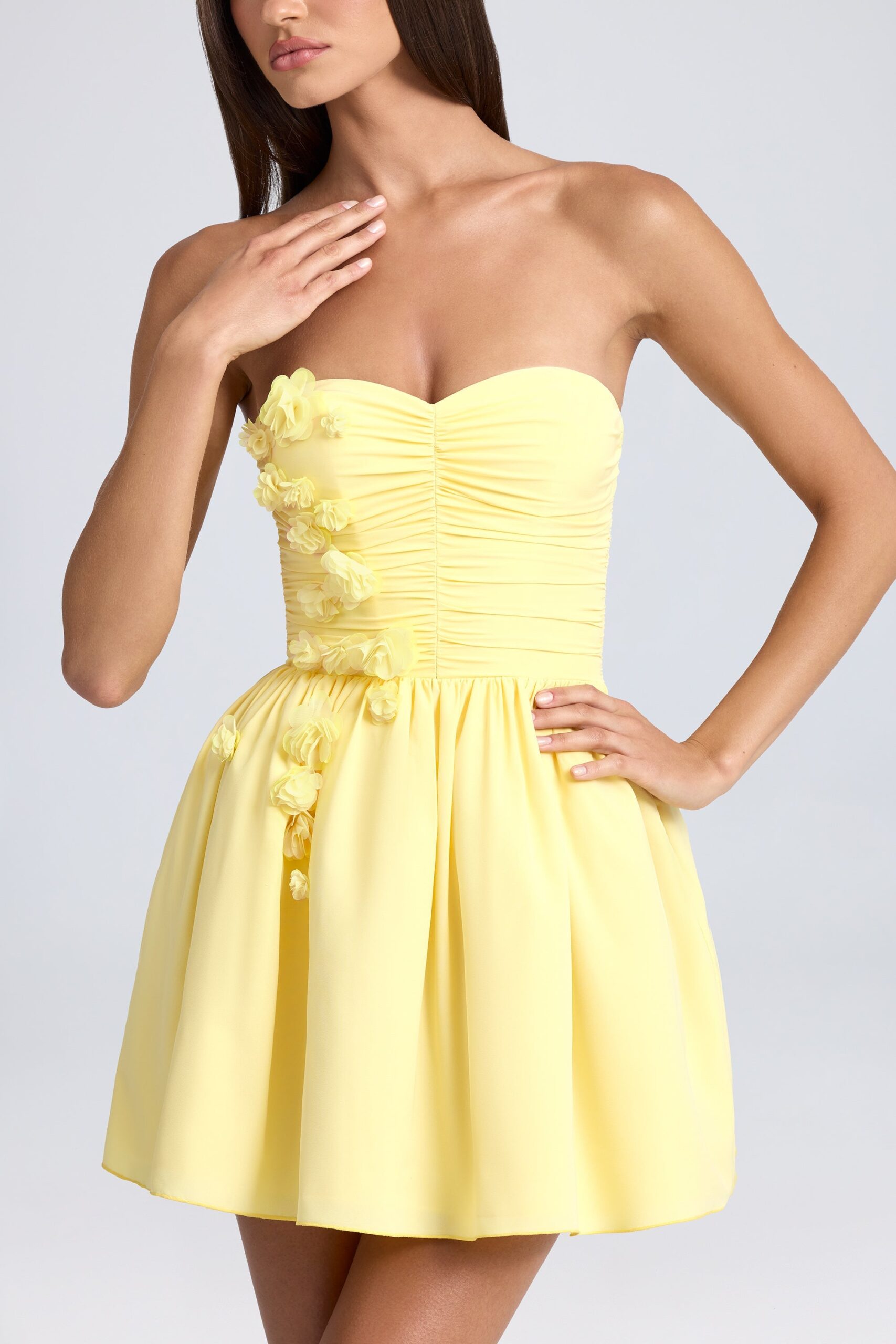 Bandeau Floral-Appliqué Corset Mini Dress in Lemon Sherbet - Image 4