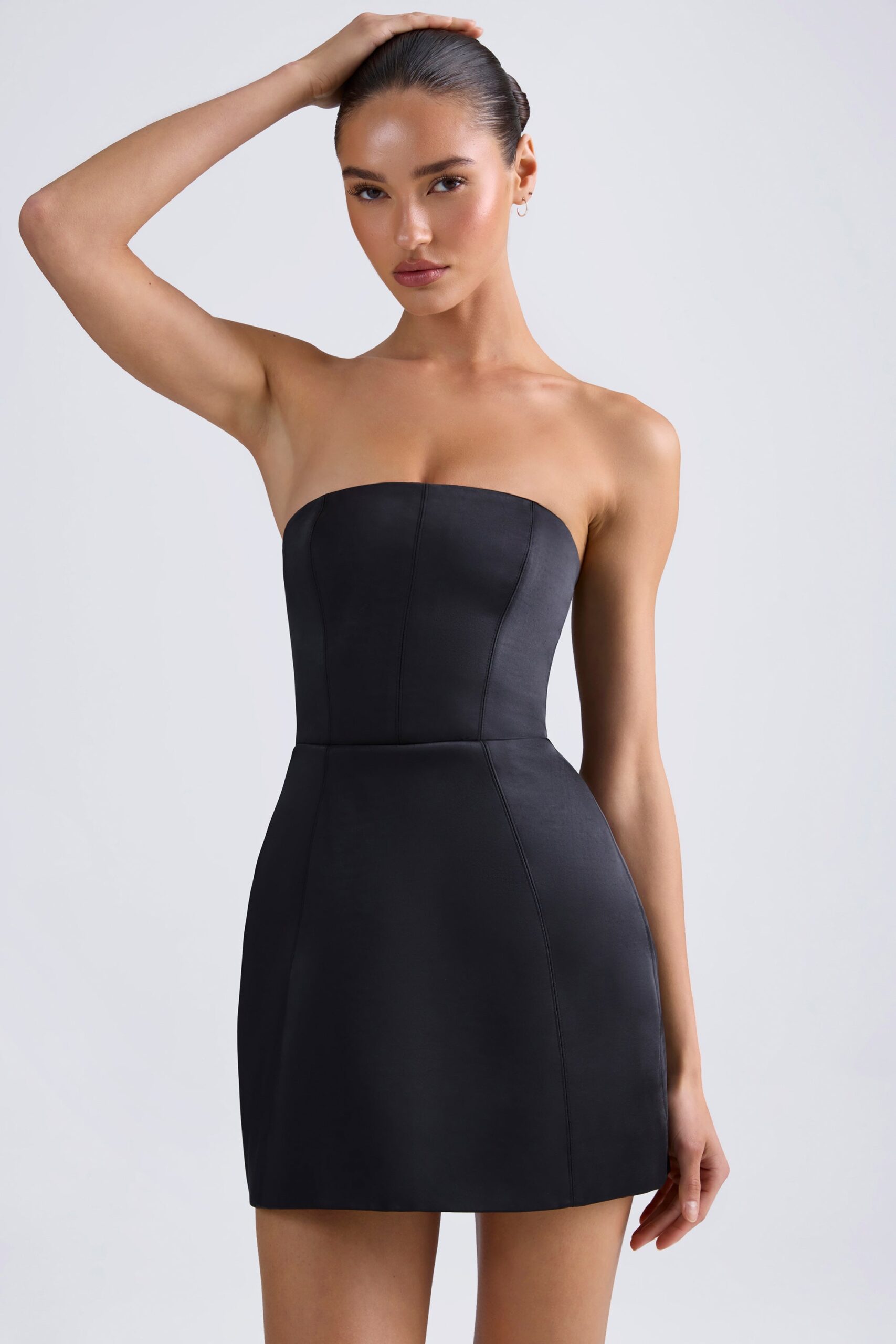 Bandeau Structured Tulip Mini Dress in Black - Image 7