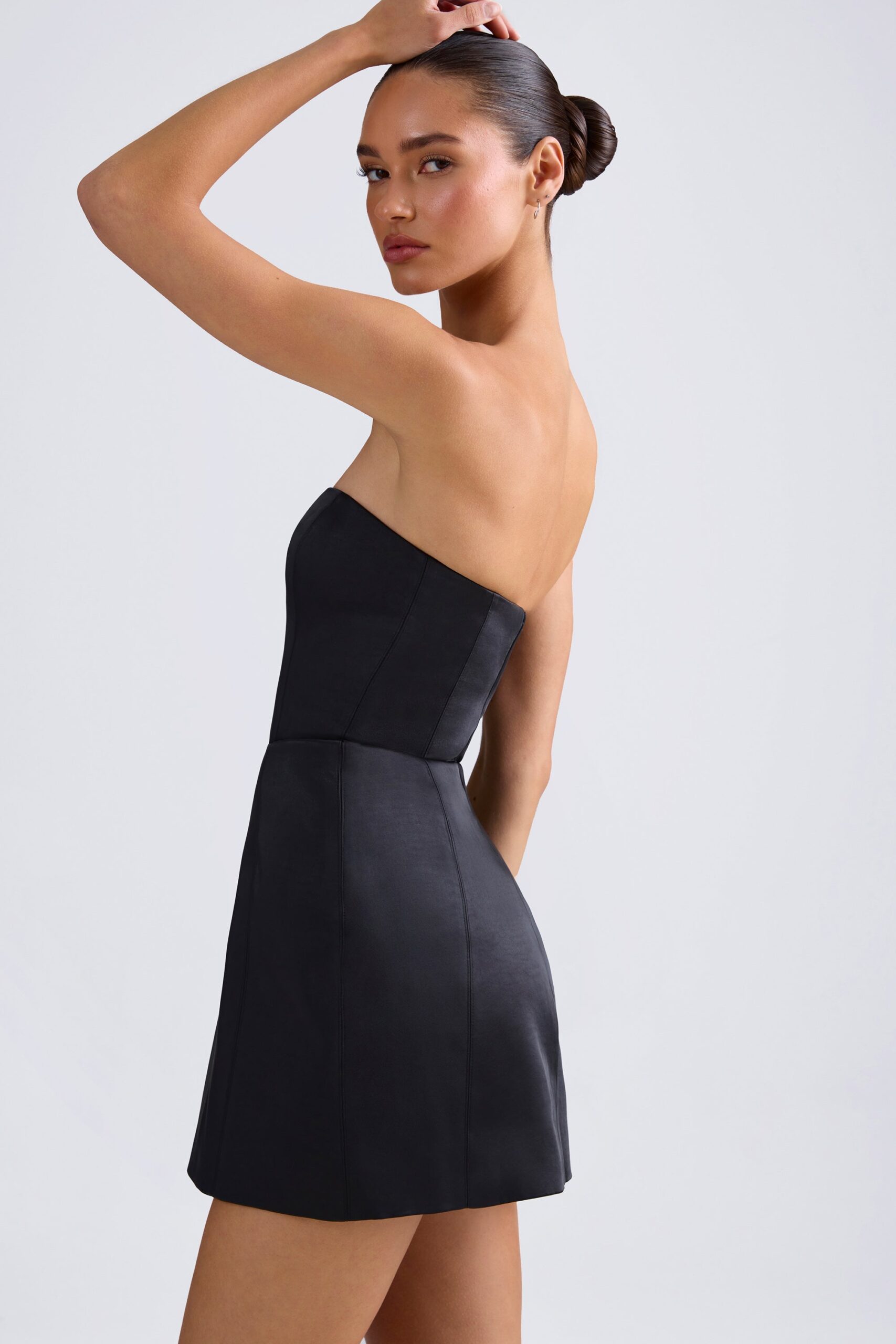 Bandeau Structured Tulip Mini Dress in Black - Image 3