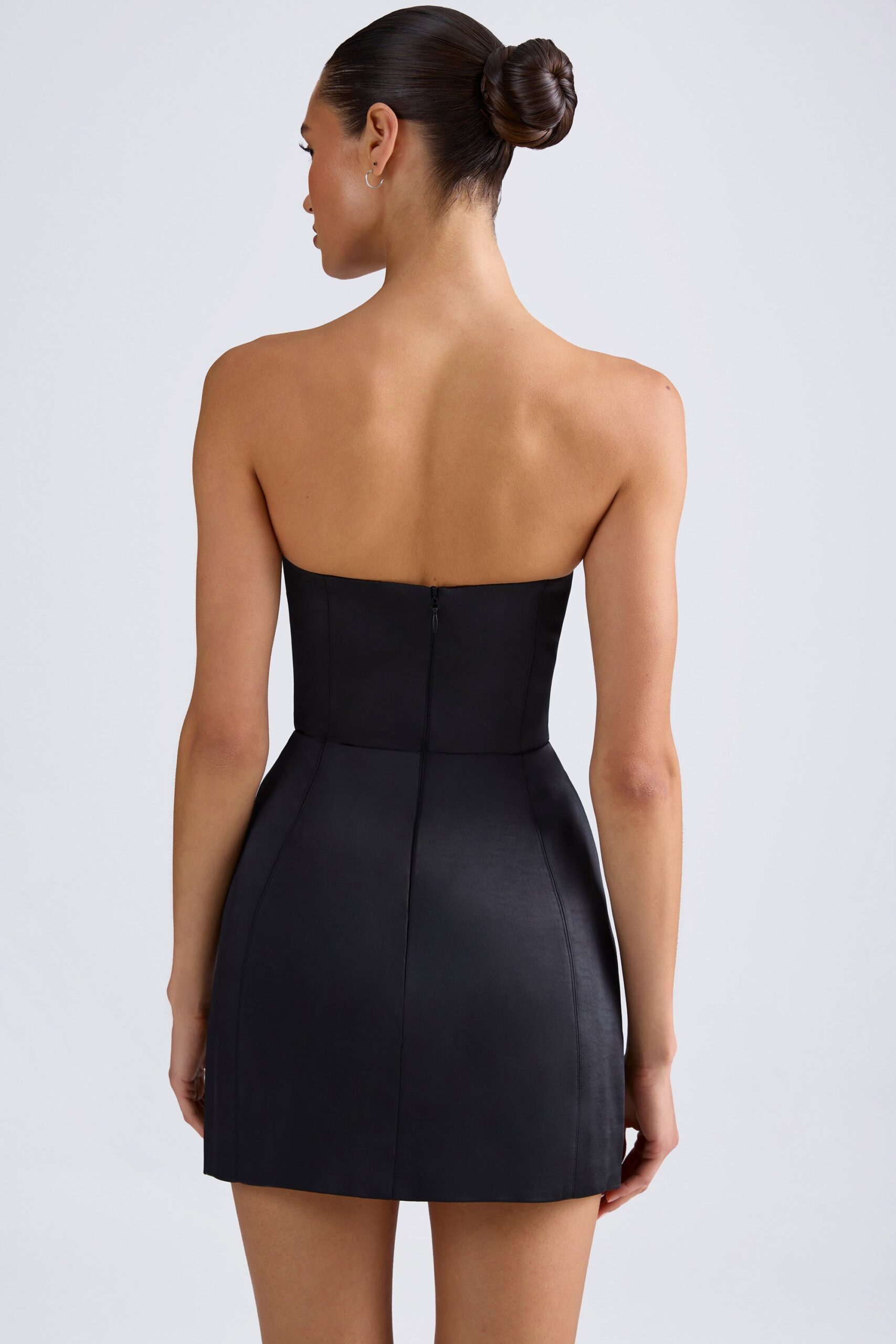 Bandeau Structured Tulip Mini Dress in Black - Image 2