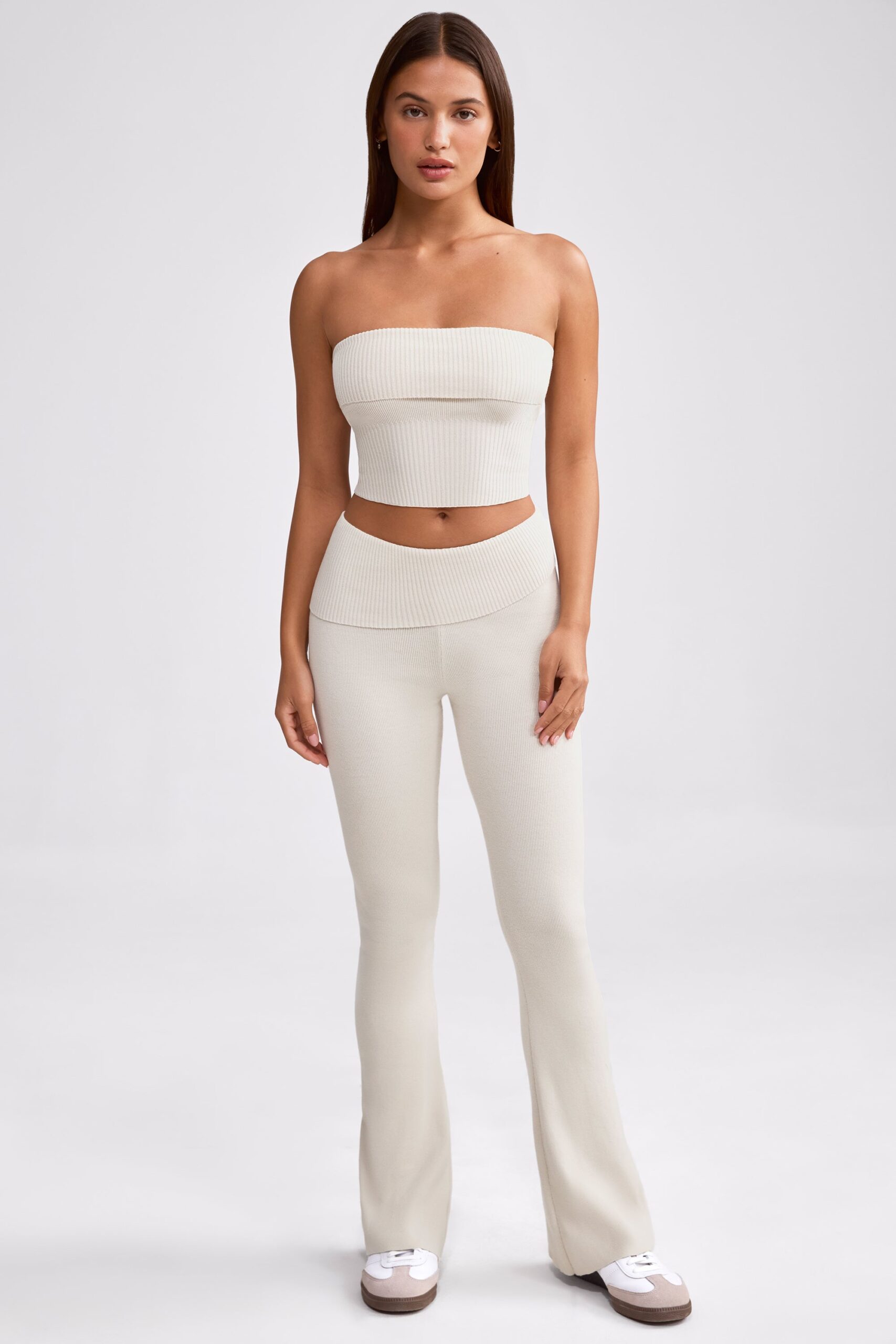 Fold Over Kick Flare Chunky Knit Trousers in Cream - Image 8