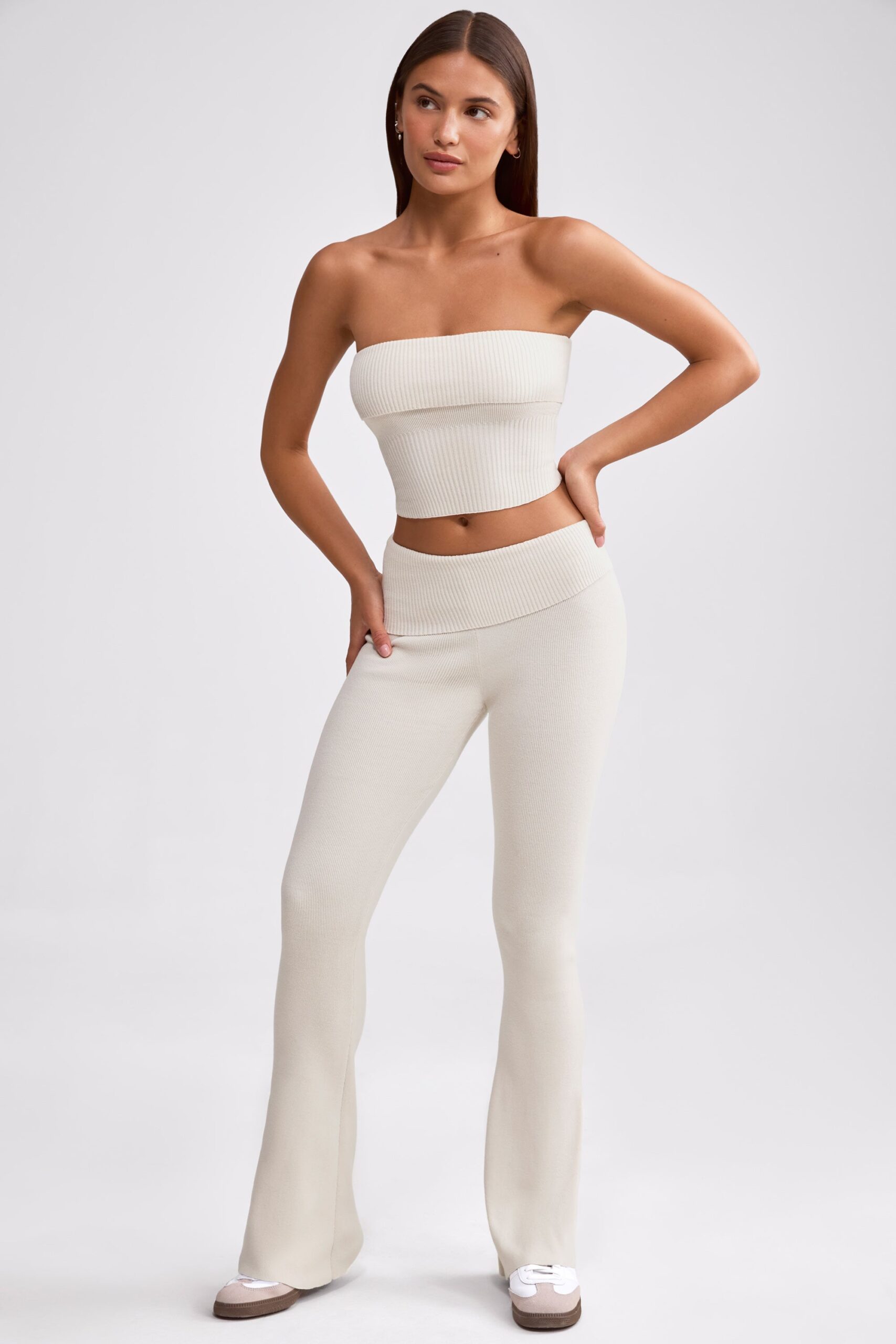 Fold Over Kick Flare Chunky Knit Trousers in Cream - Image 5