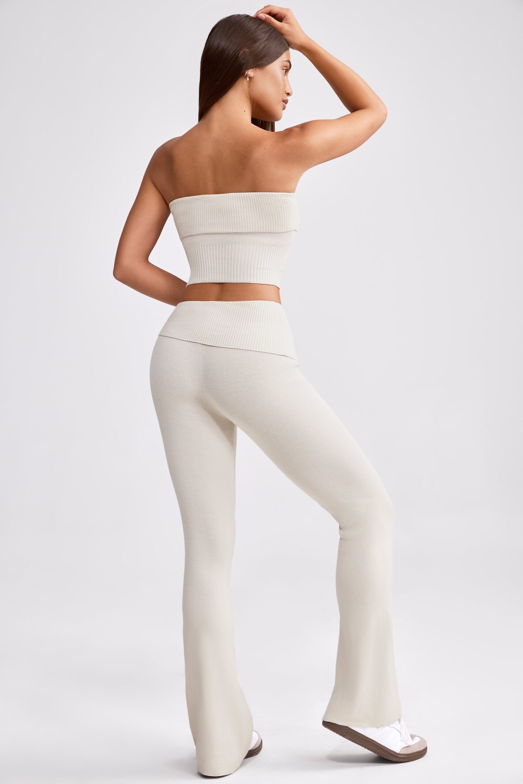 Fold Over Kick Flare Chunky Knit Trousers in Cream - Image 2