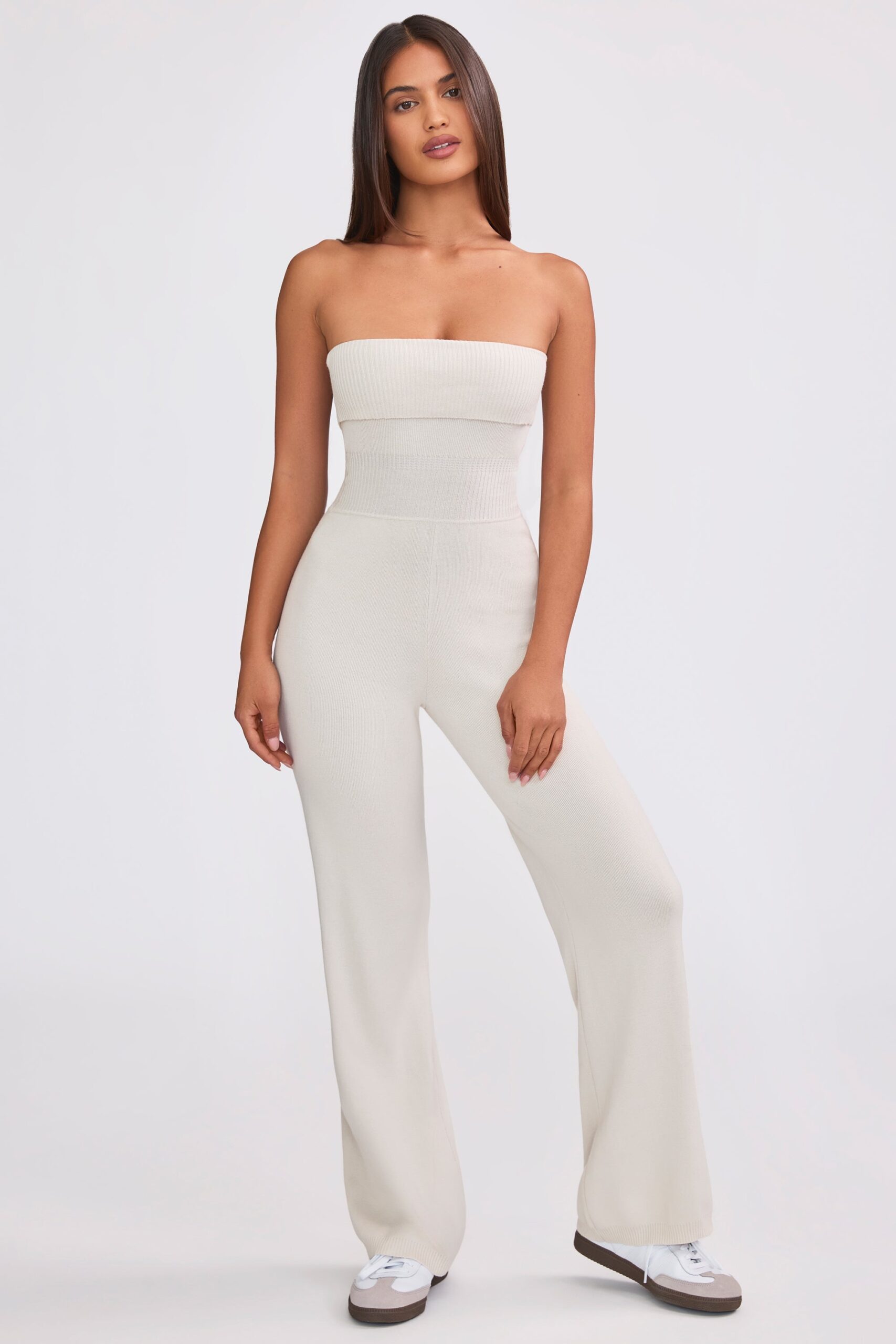 Bandeau Kick Flare Chunky Knit Jumpsuit in Cream - Image 8
