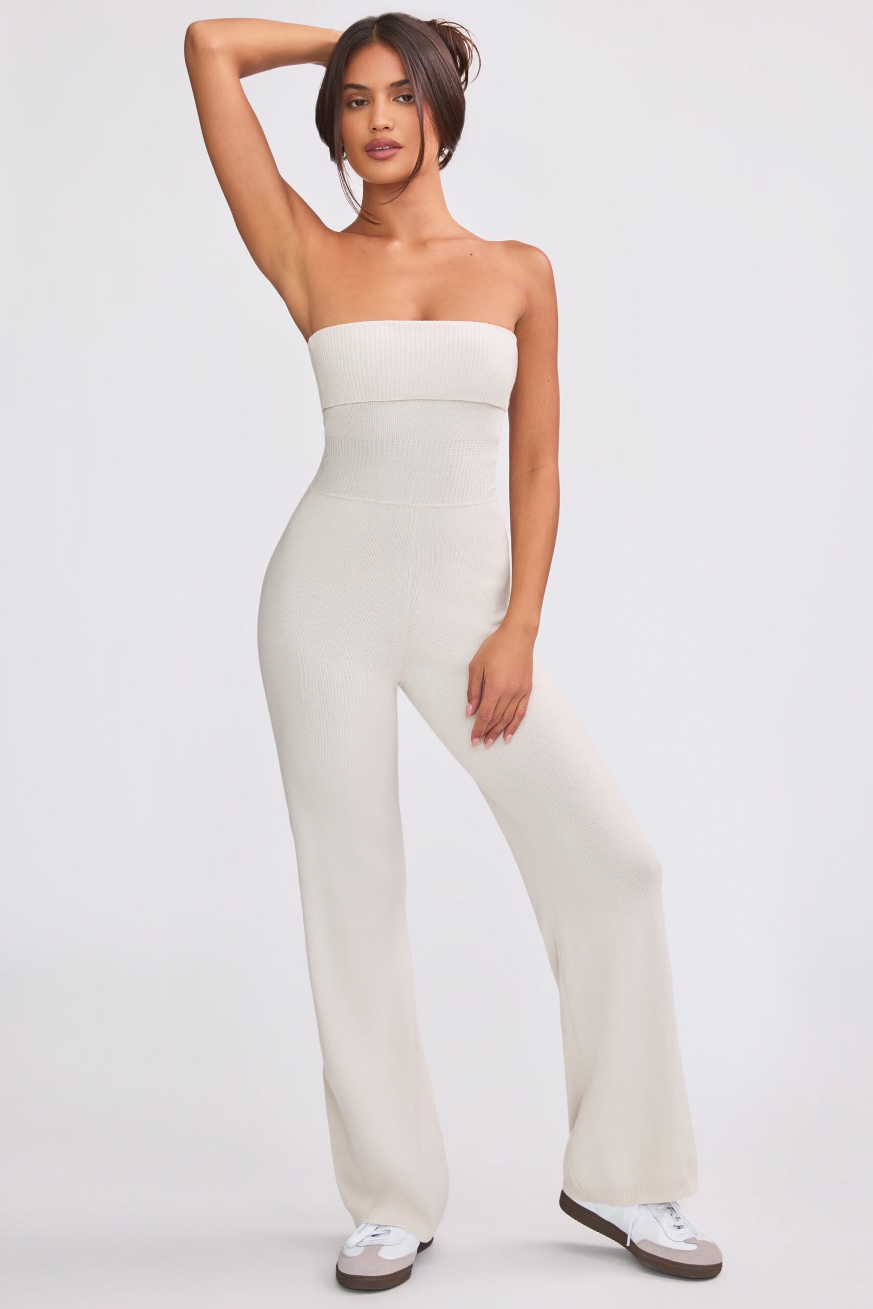 Bandeau Kick Flare Chunky Knit Jumpsuit in Cream - Image 7