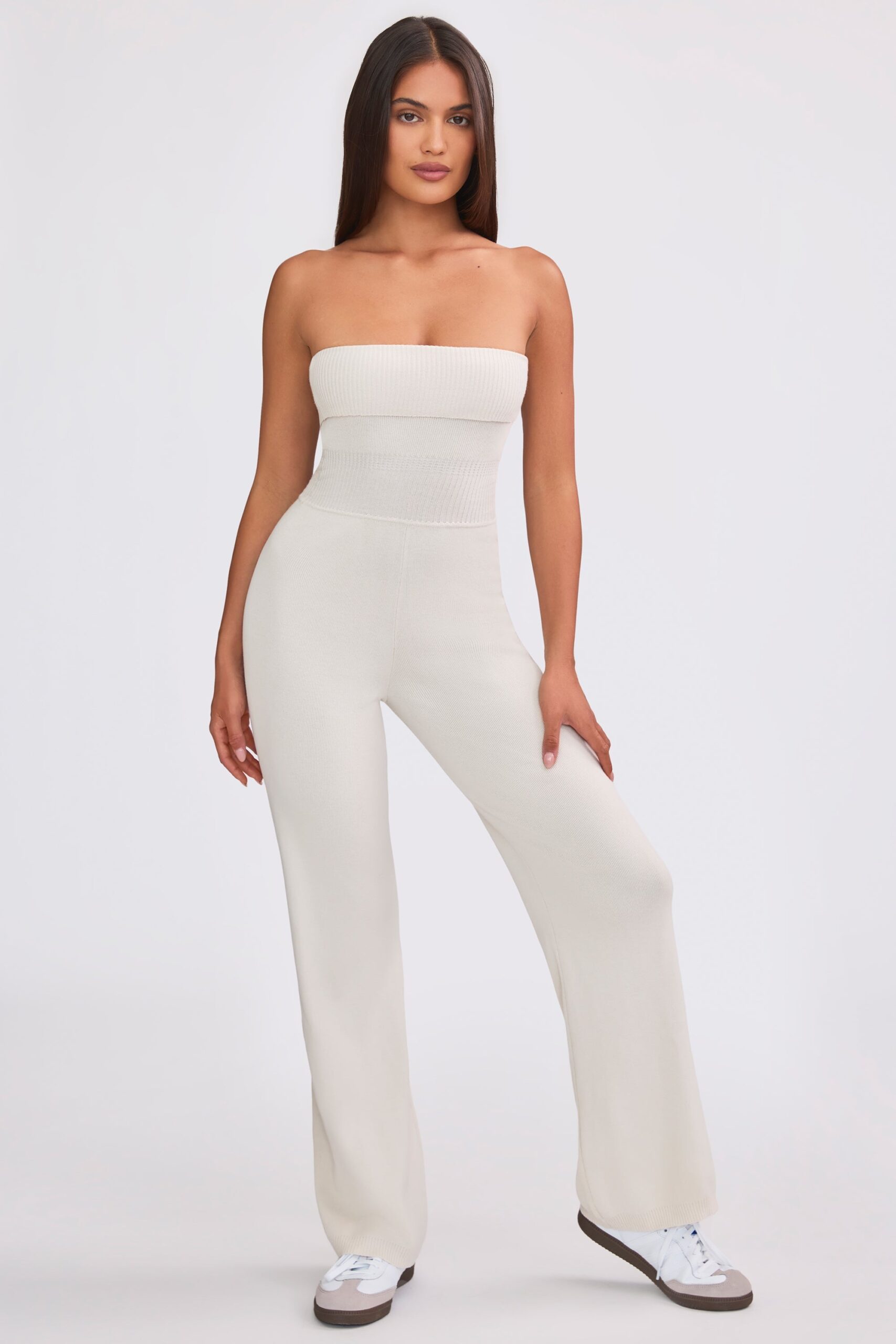 Bandeau Kick Flare Chunky Knit Jumpsuit in Cream - Image 5