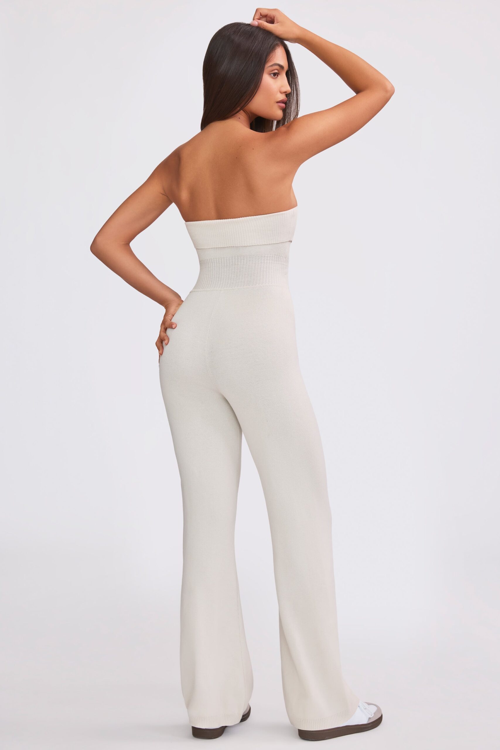 Bandeau Kick Flare Chunky Knit Jumpsuit in Cream - Image 2