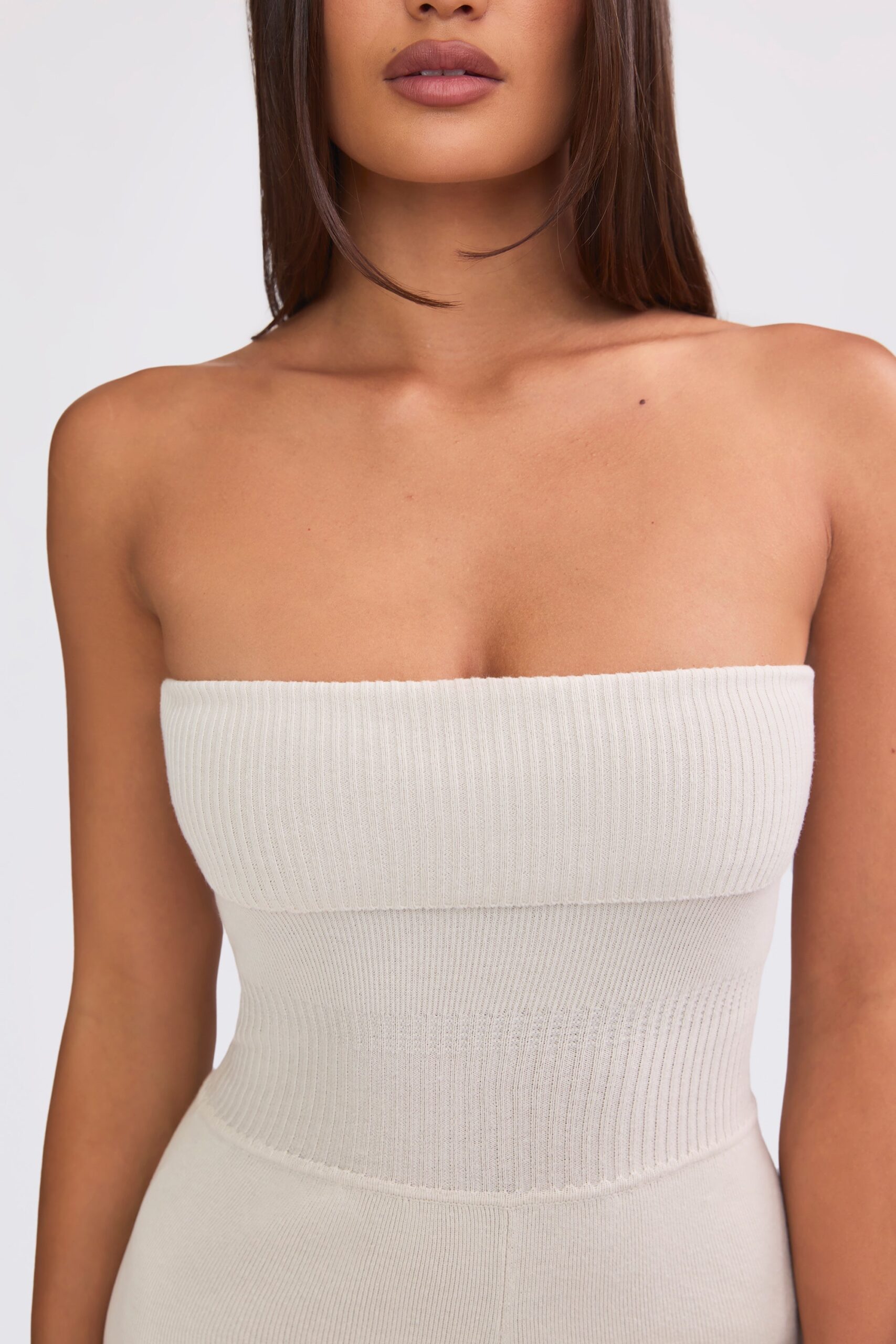 Bandeau Kick Flare Chunky Knit Jumpsuit in Cream - Image 4