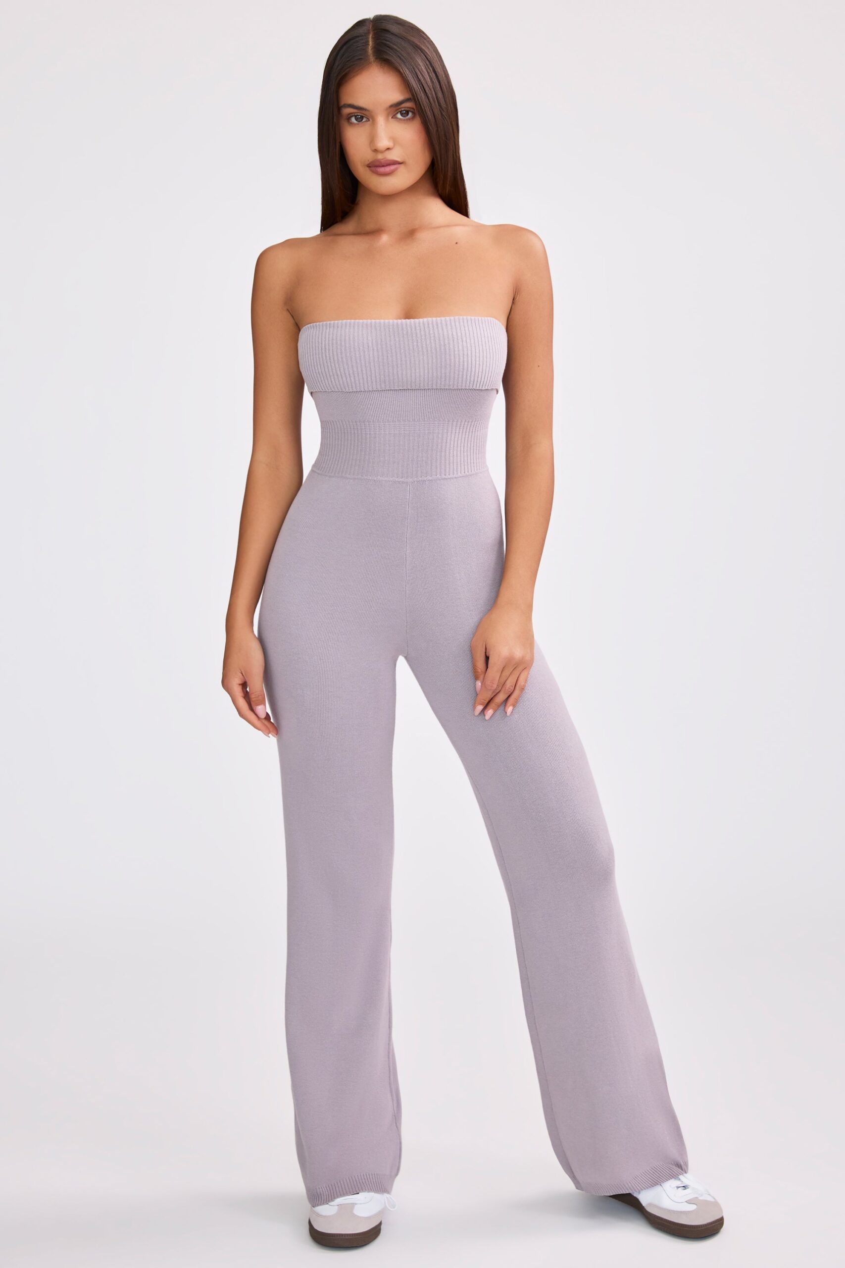 Bandeau Kick Flare Chunky Knit Jumpsuit in Dusty Lavender - Image 9