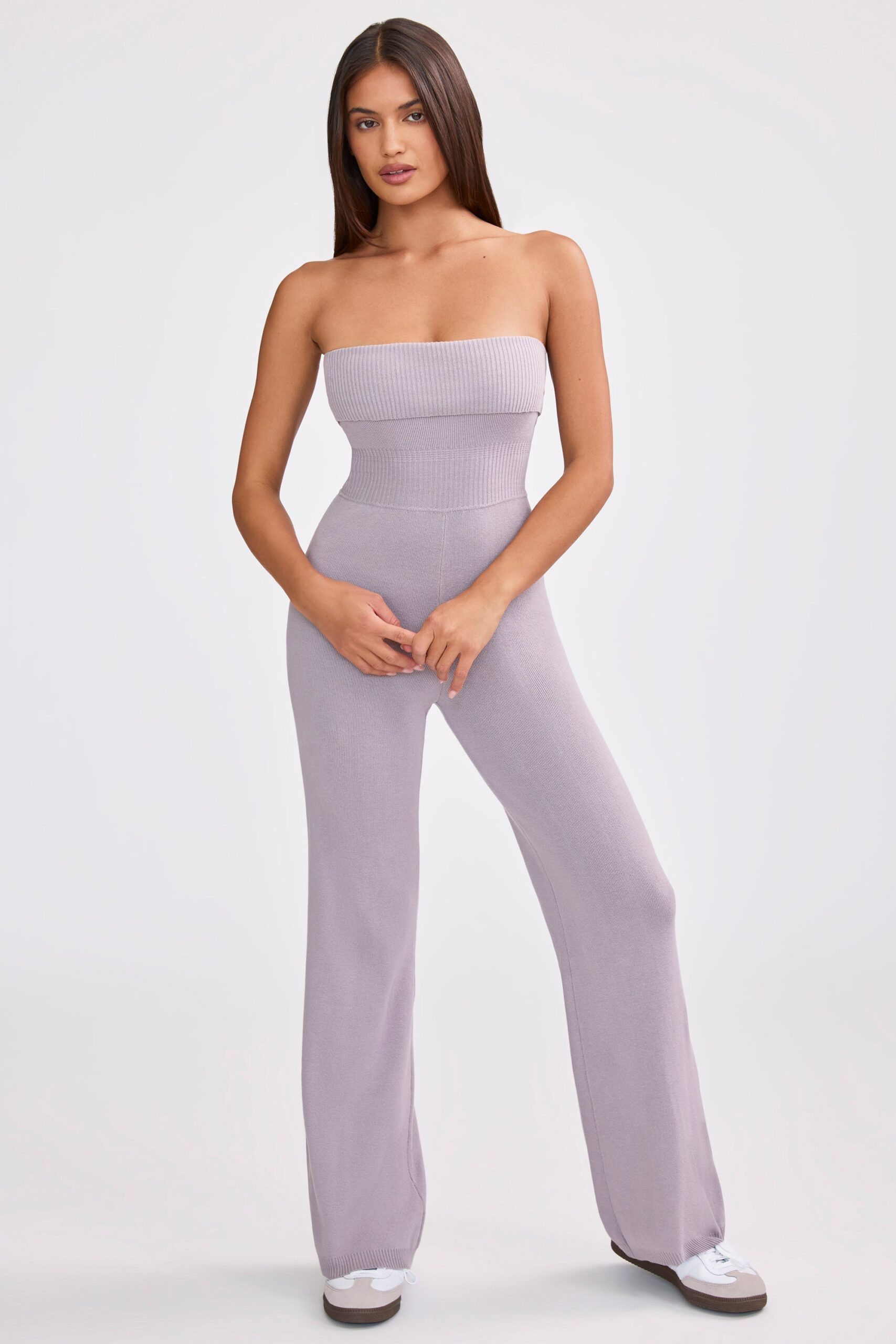 Bandeau Kick Flare Chunky Knit Jumpsuit in Dusty Lavender - Image 5