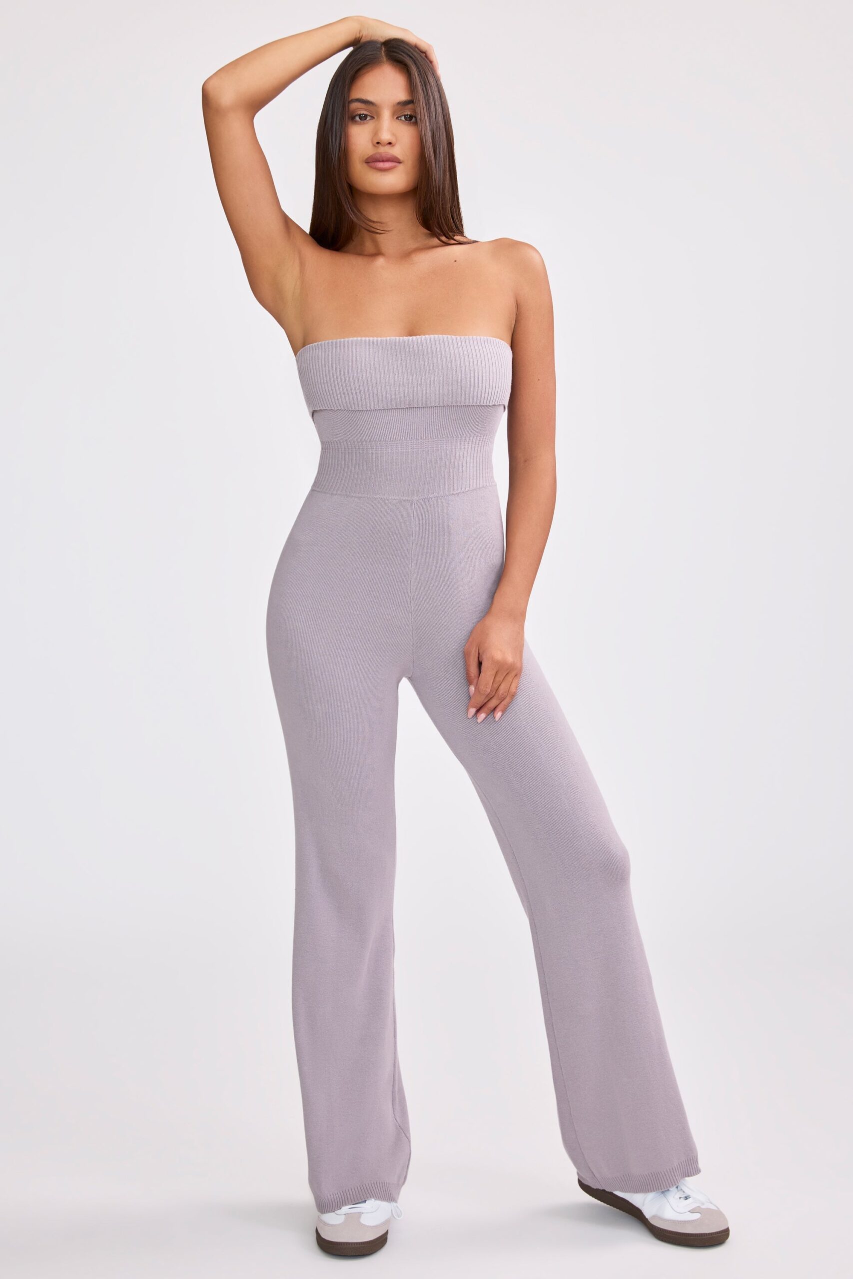 Bandeau Kick Flare Chunky Knit Jumpsuit in Dusty Lavender - Image 8