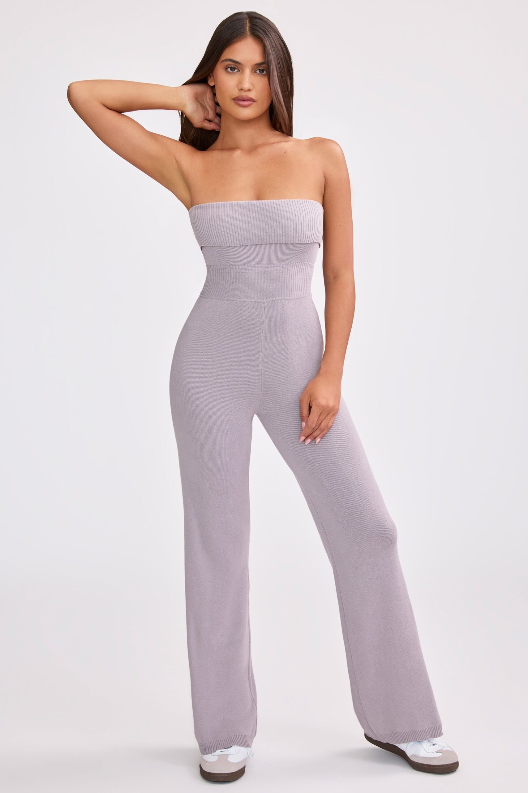 Bandeau Kick Flare Chunky Knit Jumpsuit in Dusty Lavender - Image 7