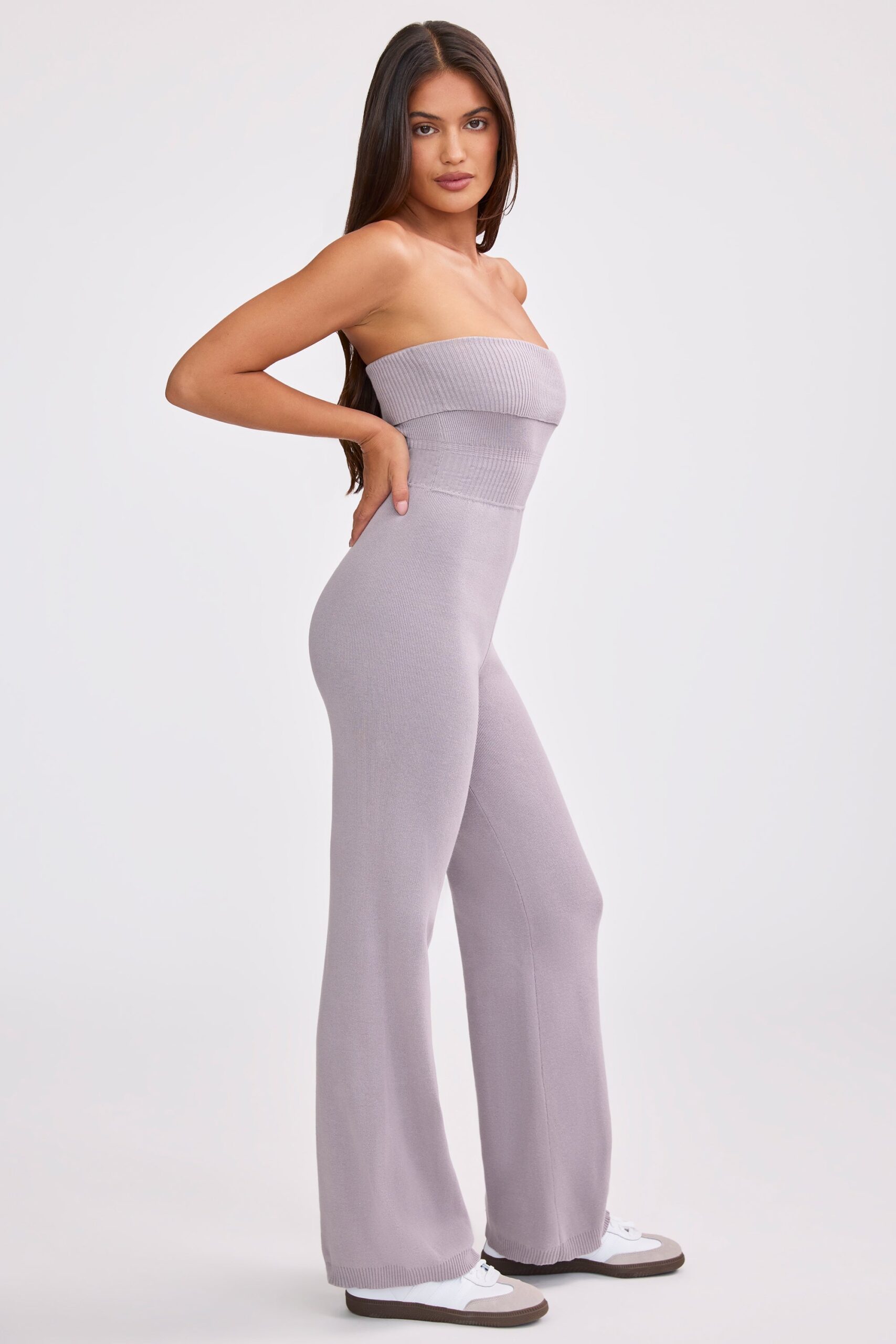 Bandeau Kick Flare Chunky Knit Jumpsuit in Dusty Lavender - Image 3