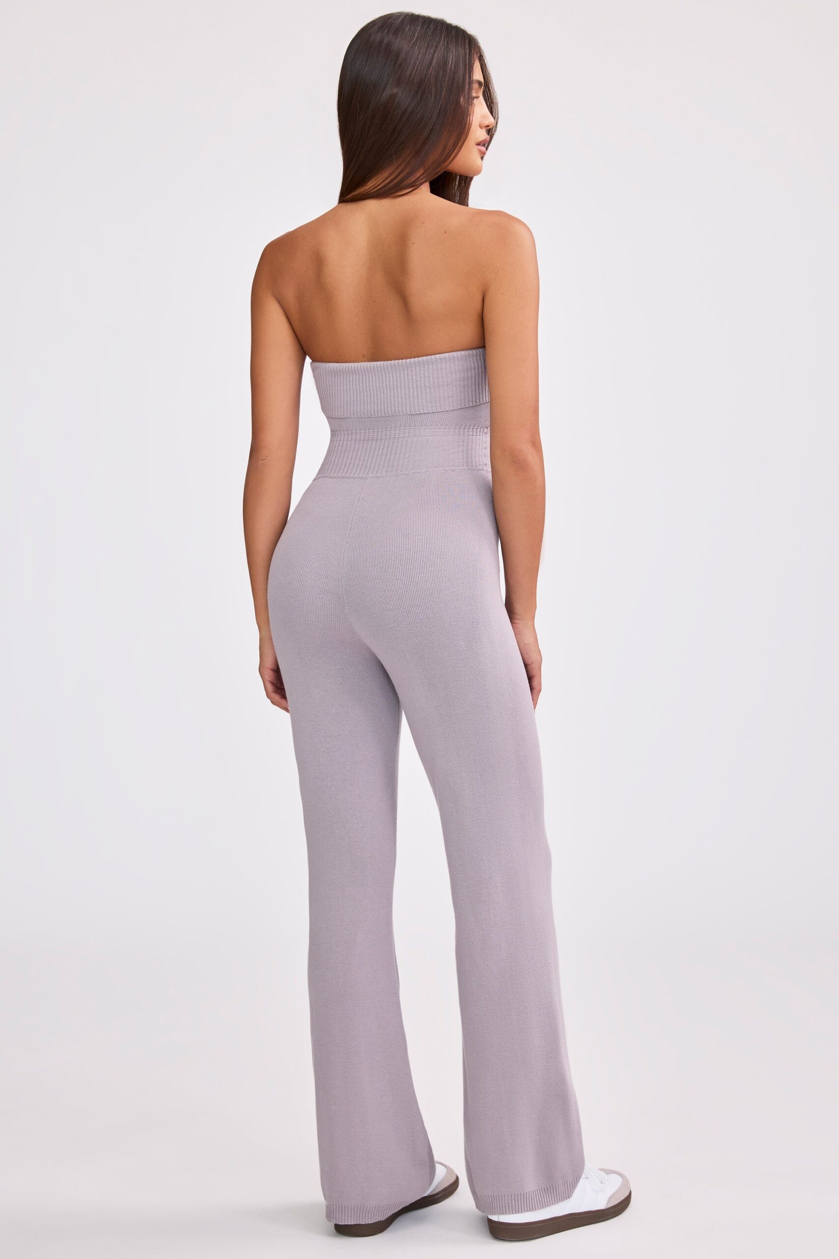 Bandeau Kick Flare Chunky Knit Jumpsuit in Dusty Lavender - Image 2