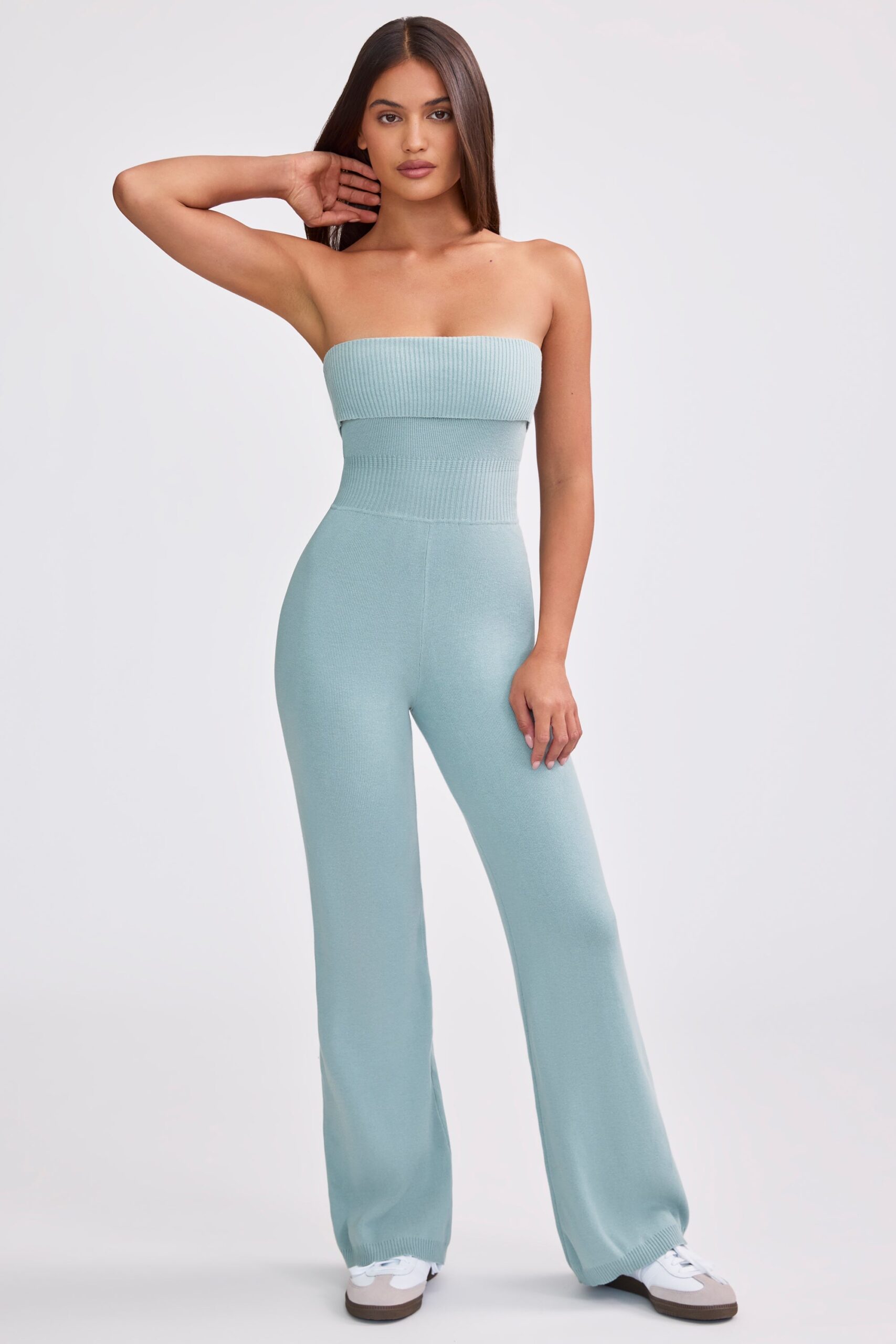 Bandeau Kick Flare Chunky Knit Jumpsuit in Dusty Teal - Image 9
