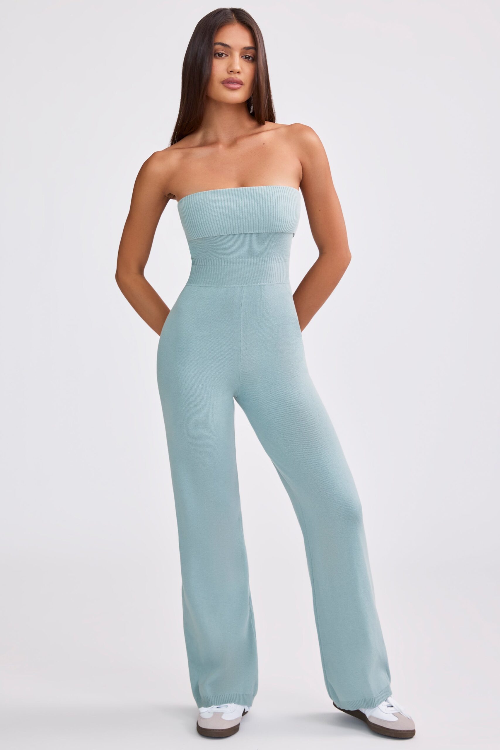 Bandeau Kick Flare Chunky Knit Jumpsuit in Dusty Teal - Image 8
