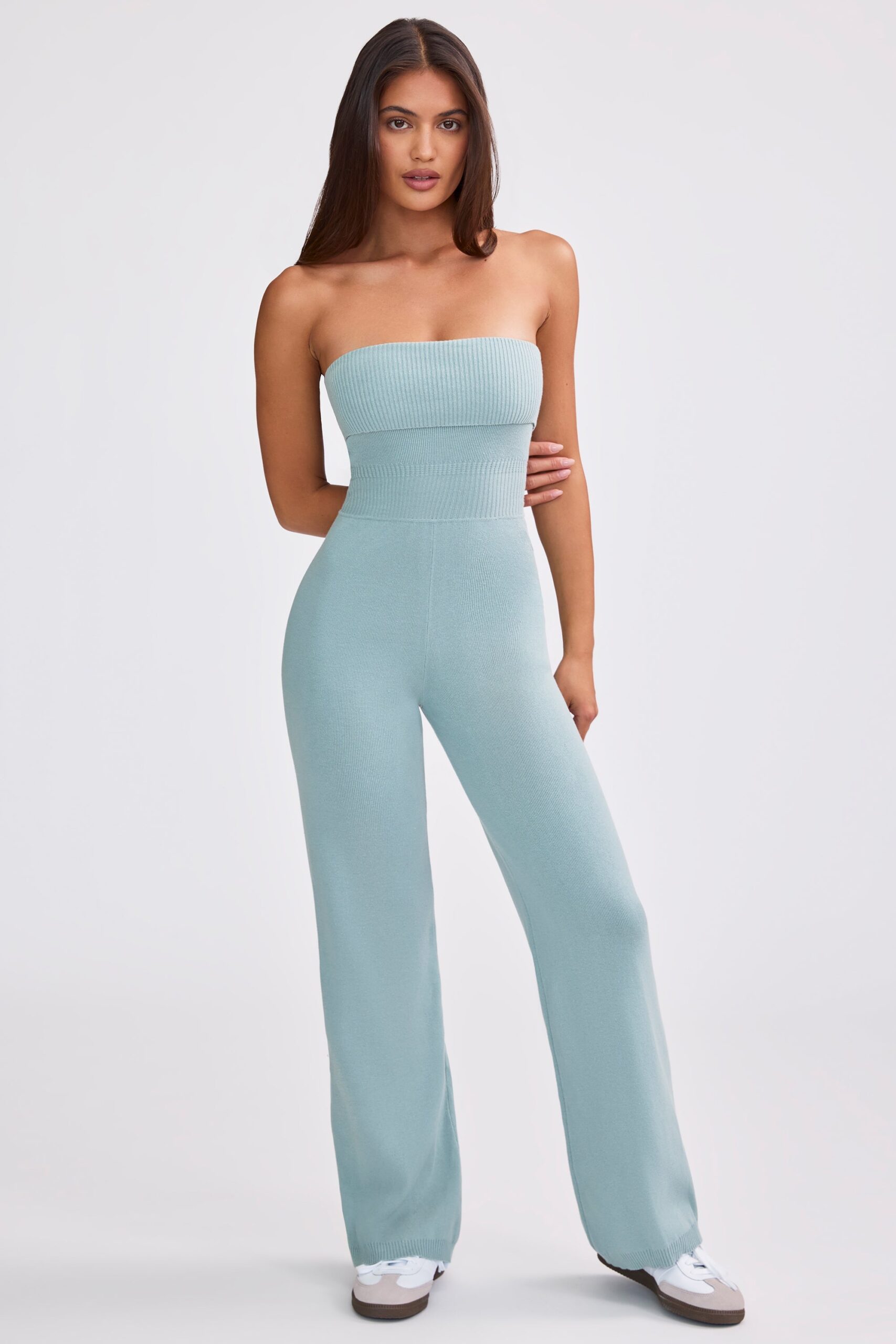 Bandeau Kick Flare Chunky Knit Jumpsuit in Dusty Teal - Image 7