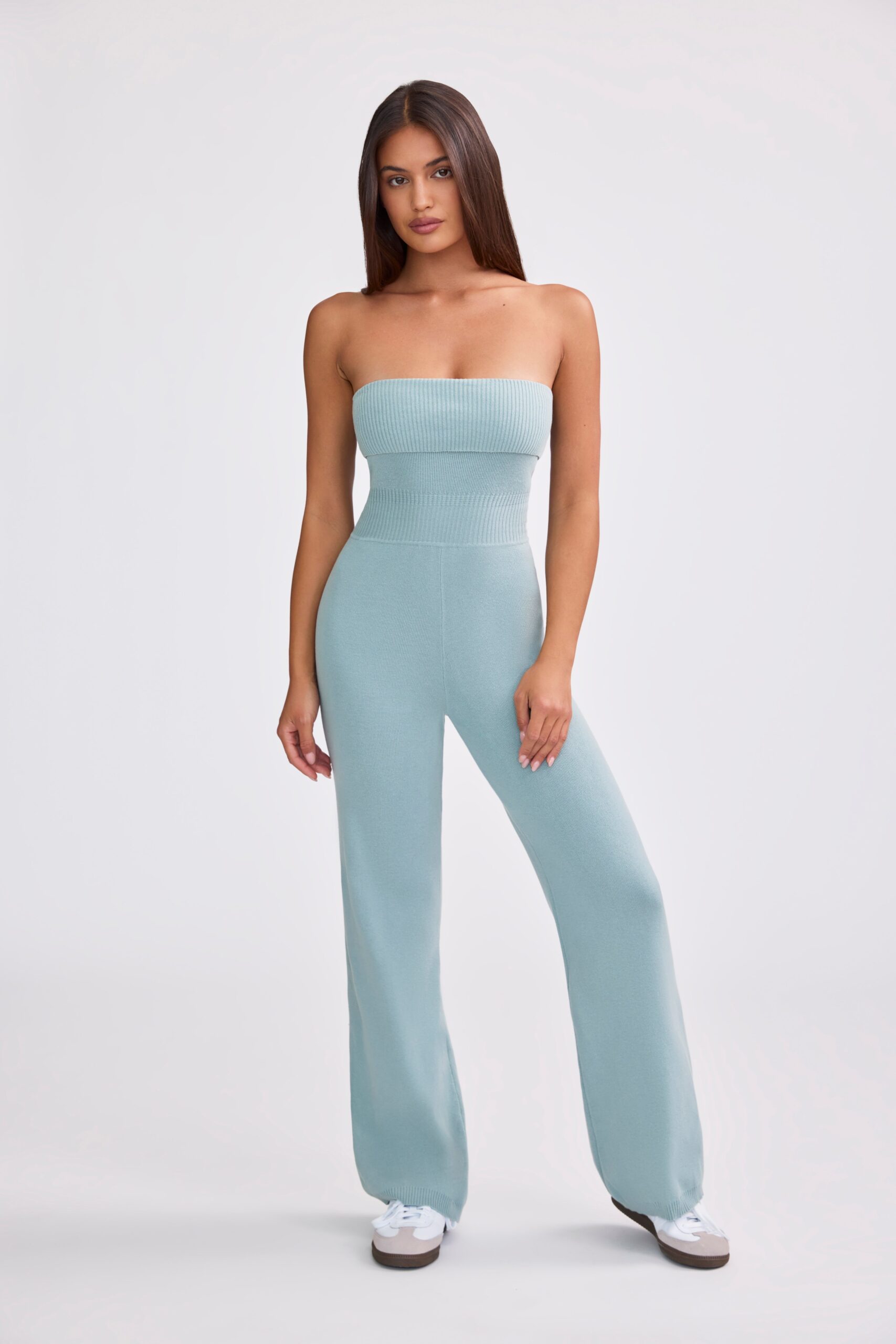 Bandeau Kick Flare Chunky Knit Jumpsuit in Dusty Teal - Image 6