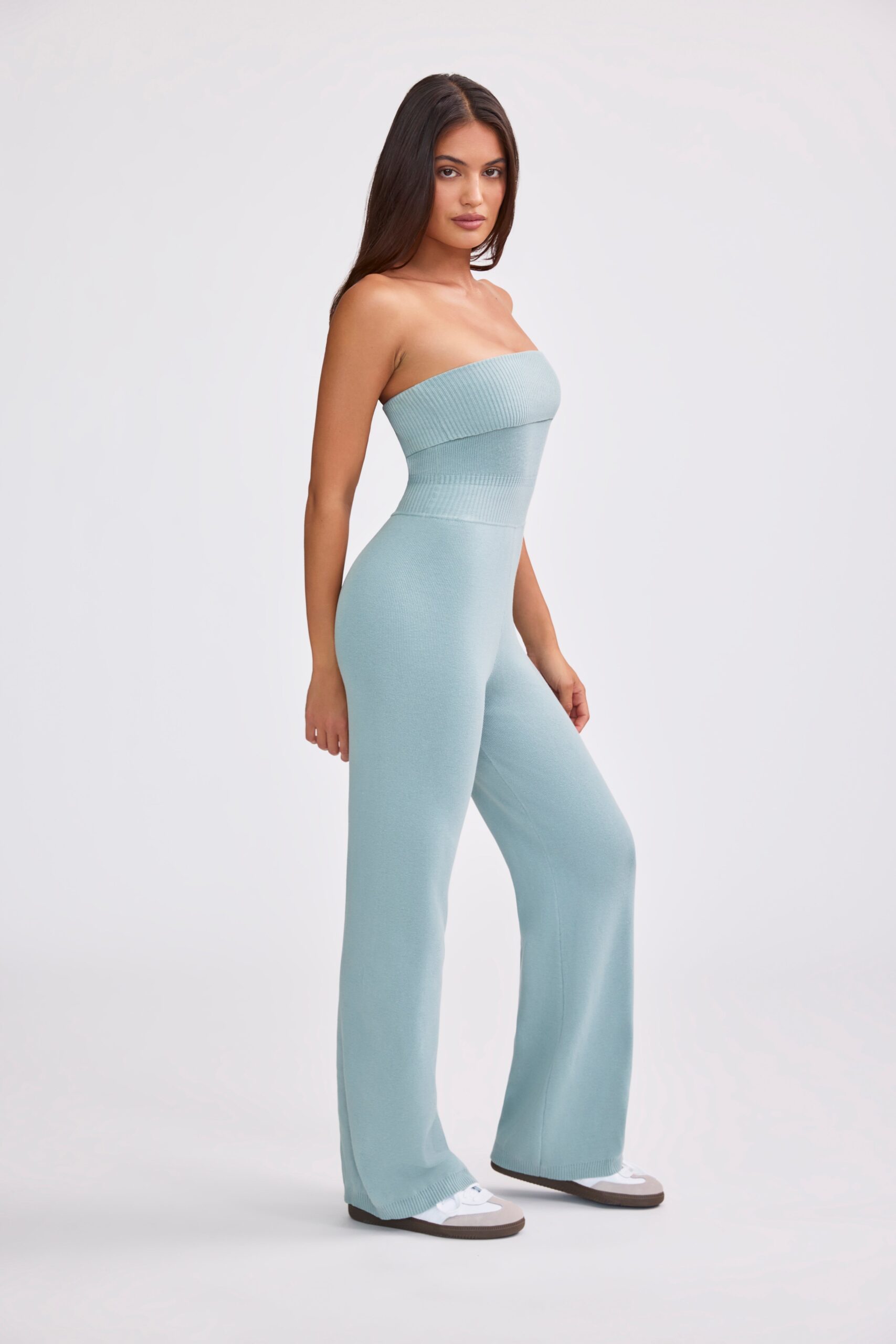 Bandeau Kick Flare Chunky Knit Jumpsuit in Dusty Teal - Image 3