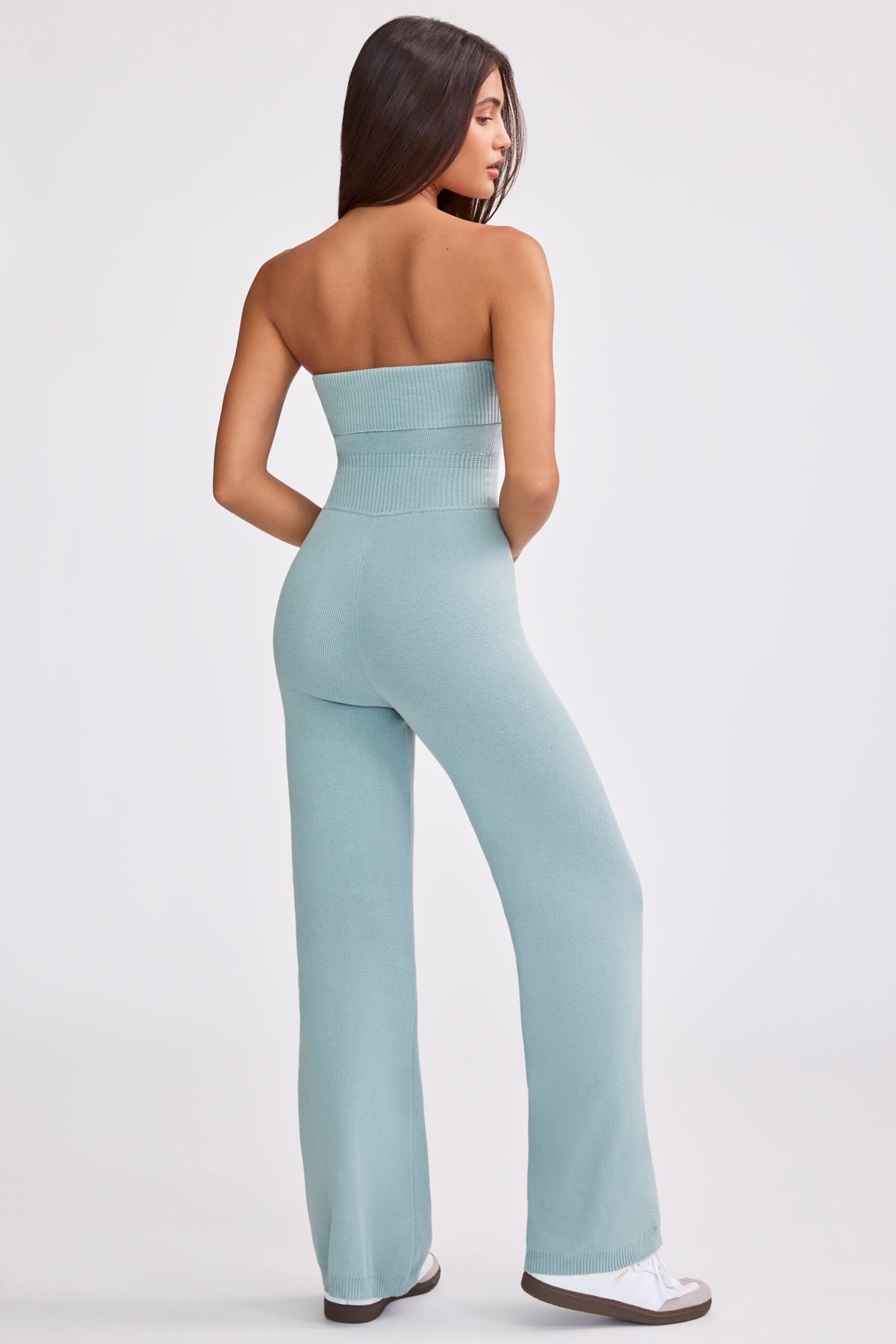Bandeau Kick Flare Chunky Knit Jumpsuit in Dusty Teal - Image 2