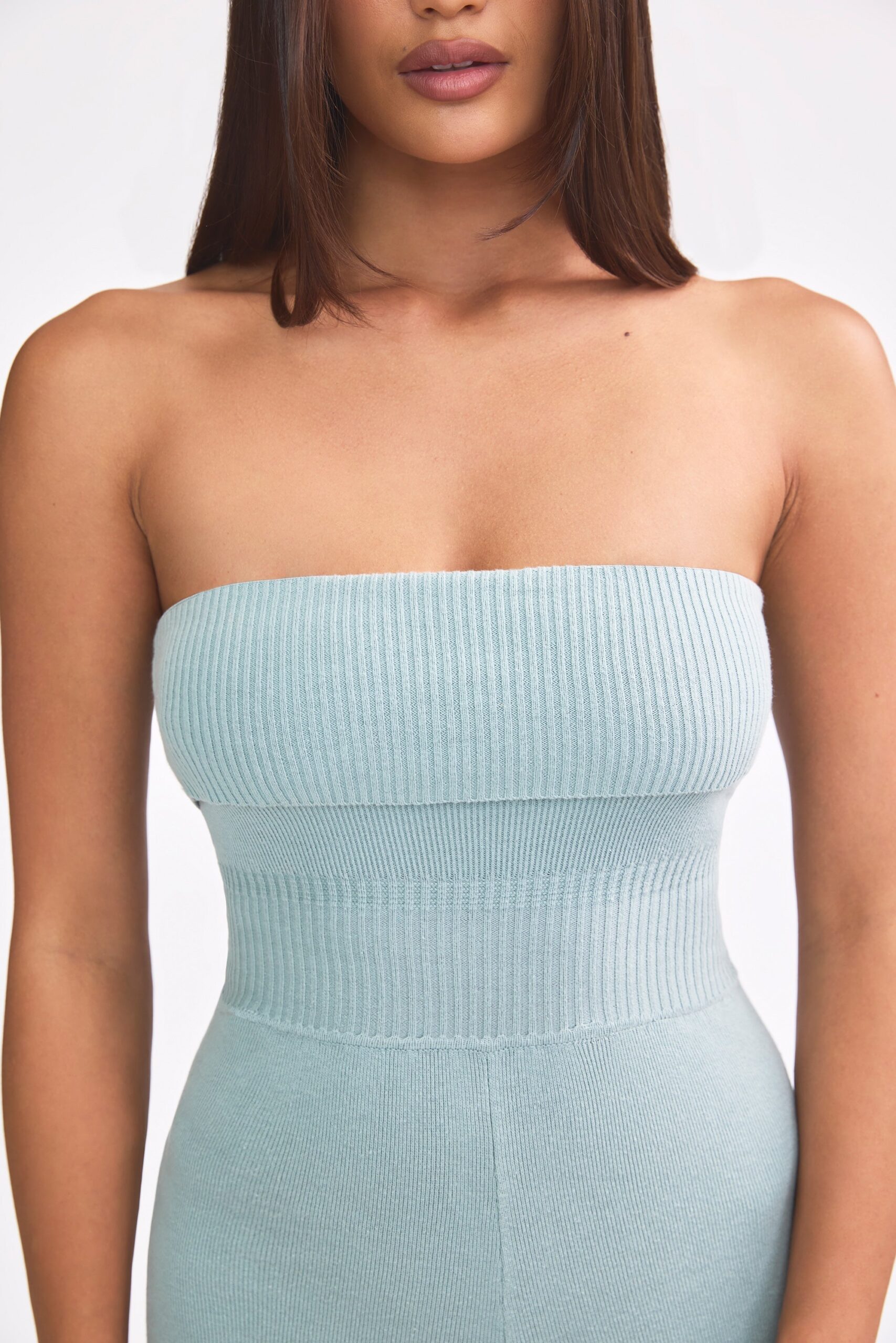 Bandeau Kick Flare Chunky Knit Jumpsuit in Dusty Teal - Image 4