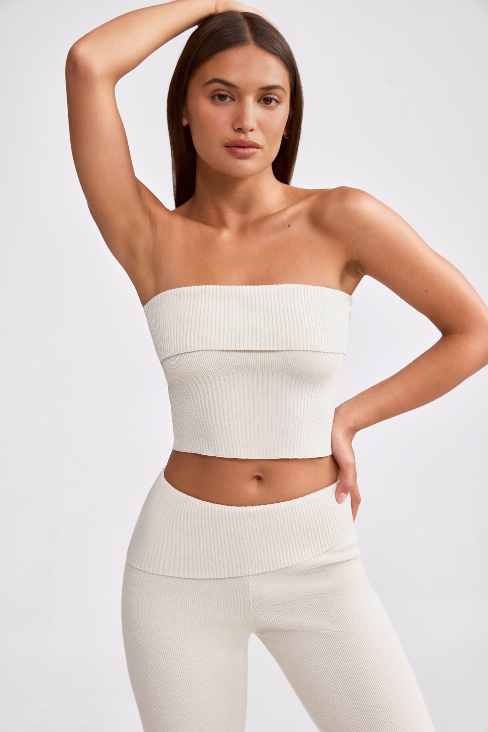 Bandeau Chunky Knit Crop Top in Cream - Image 6
