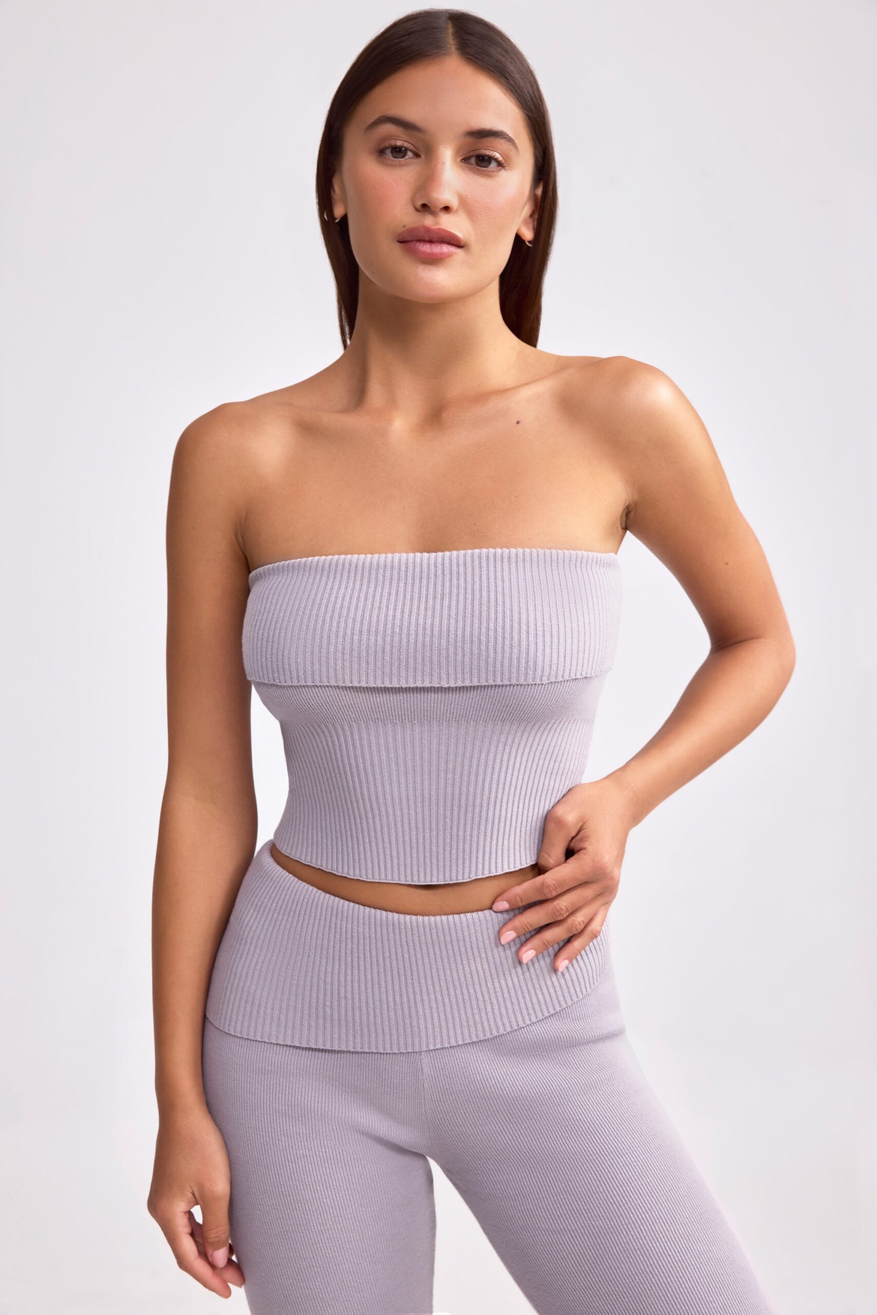 Bandeau Chunky Knit Crop Top in Dusty Lavender - Image 8
