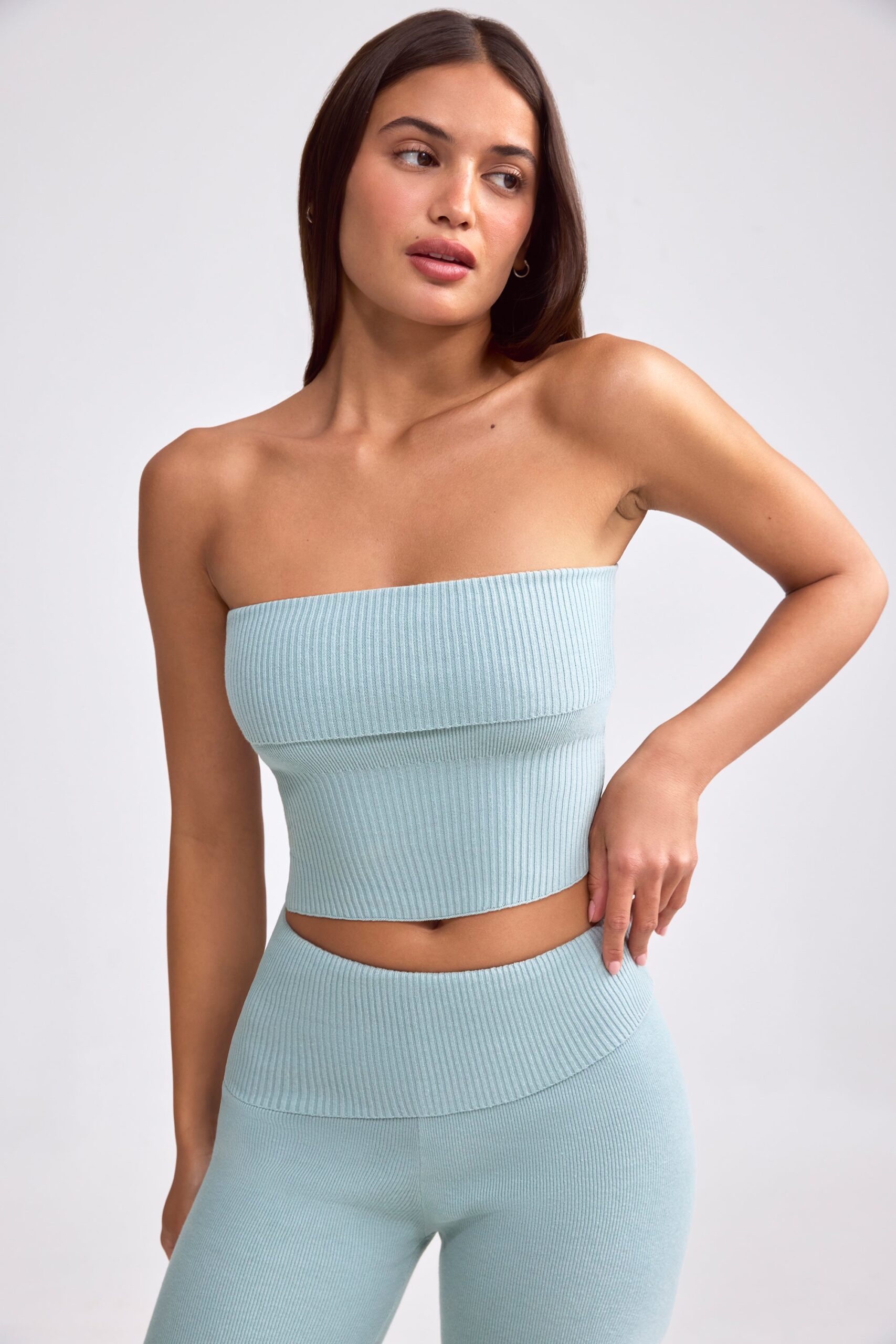 Bandeau Chunky Knit Crop Top in Dusty Teal - Image 8