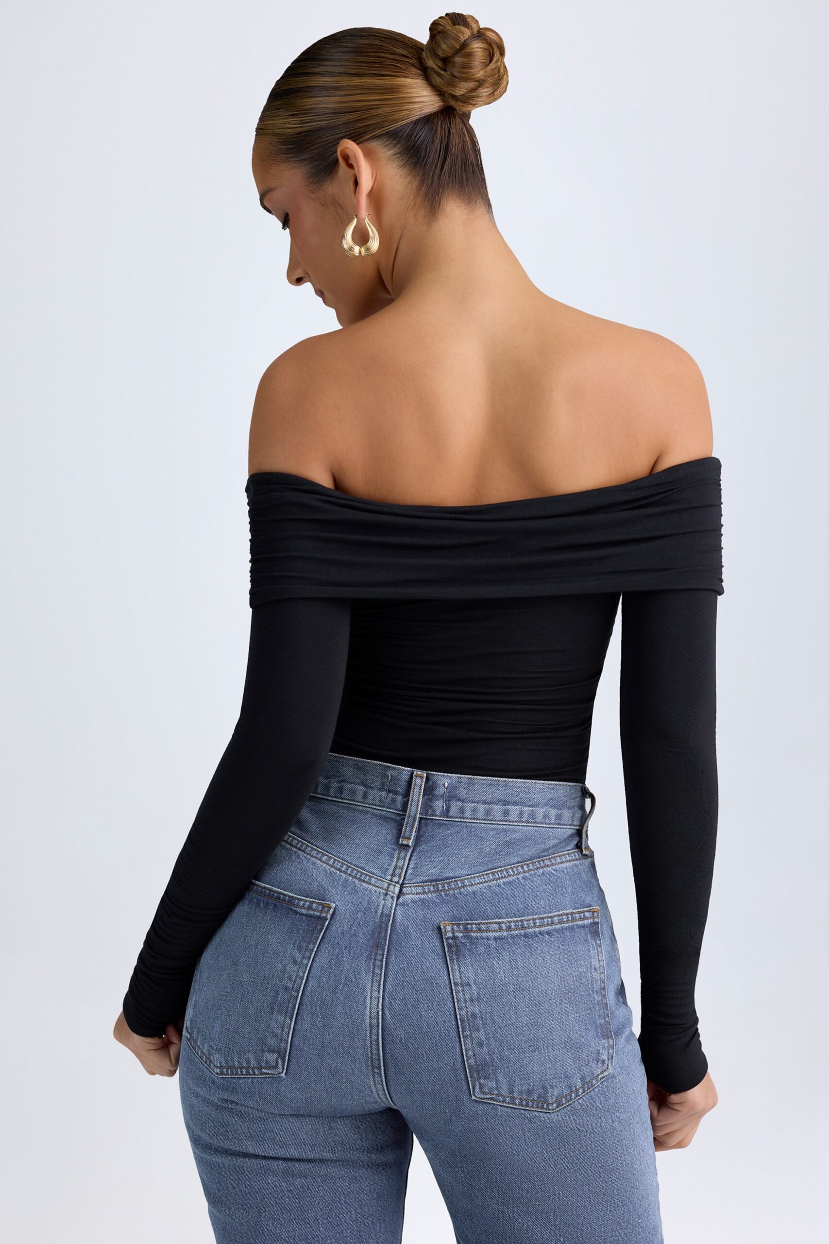 Modal Off-Shoulder Ruched Bodysuit in Black - Image 2